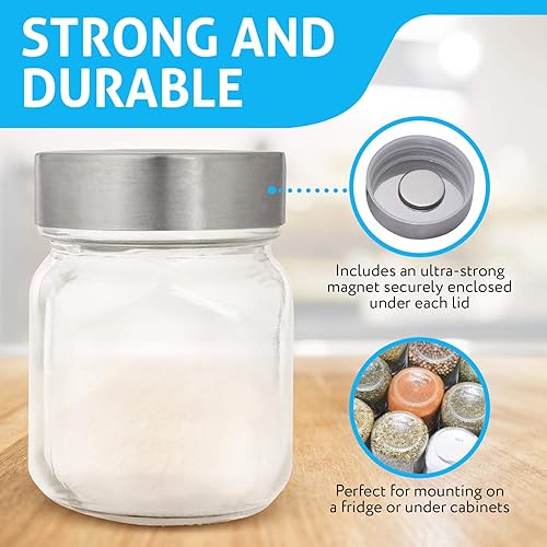Miniatura 5 de IMPRESA Tarros magnéticos para especias con tapas, paquete de 15 unidades de vidrio transparente de 4 onzas, imanes de alta resistencia y 60