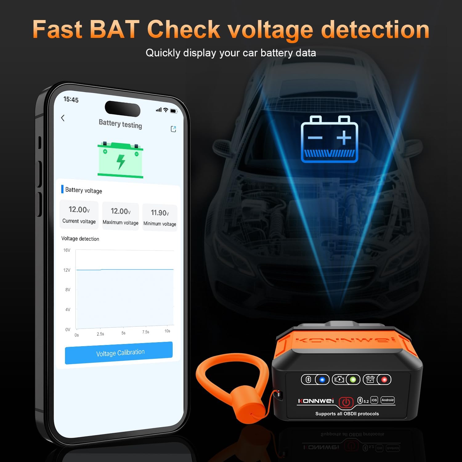 KONNWEI KW906 OBD2 Scanner Bluetooth, Professional Code Reader & Scan Tool for All Cars, Automotive Diagnostic Tool to Check Engine Light & Clear Fault Codes, Auto Scan, Live Data, Battery Test