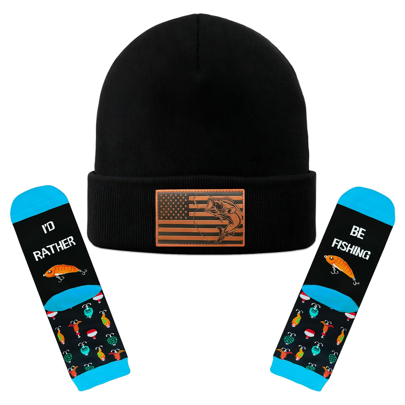 Mens Black Beanie for Men Women Winter Knit Fishing Hat Gifts Christmas Stocking Stuffers White Elephant Gifts Dad Husband