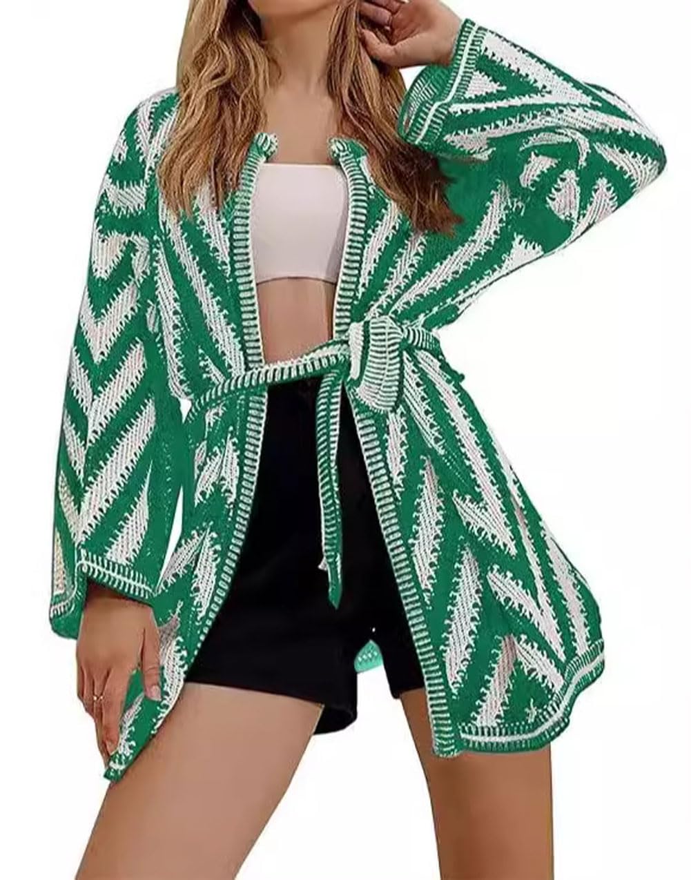 CHARTOU Women 2025 Fall Stripe Zig Zag Wrap Sweater Bell Long Sleeve Open Front Cardigan with Belt