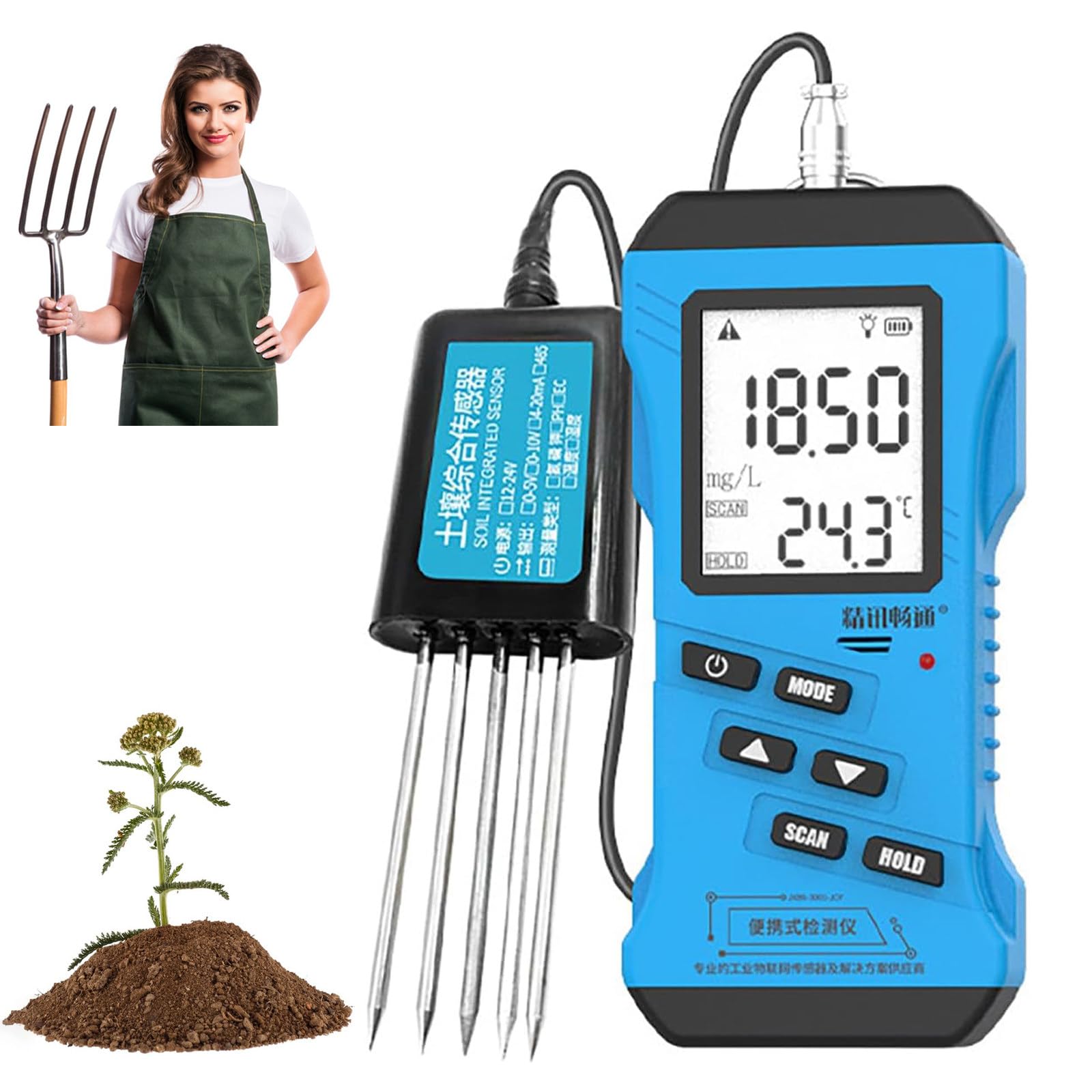 Medidor de Humedad, NPK, pH y CE del Suelo portátil, Impermeable IP68, Lectura instantánea 5s, Alta sensibilidad, precisión Laboratorio. para Jardines, Granjas y césped sin costos Extra
