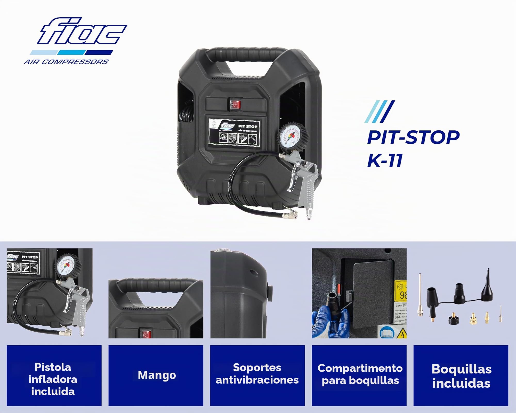FIAC Pit-Stop Compresor de aire portátil, compresor de aire sin aceite con manguera flexible, manómetro y 6 boquillas, presión máx. 8 bares, potencia 1,5 CV