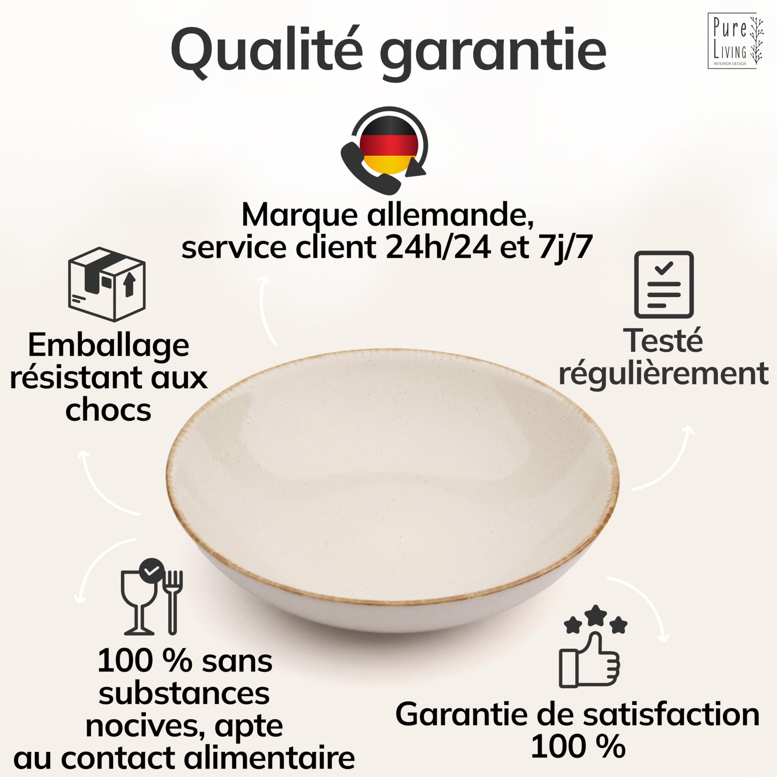 Ensemble de 6 Assiettes Creuses Rustiques en Steingut Premium - Lavables au Lave-Vaisselle - Ensemble Élégant de 6 Assiettes Profondes pour 6 Personnes, Salades, Pâtes - Pure Living en beige