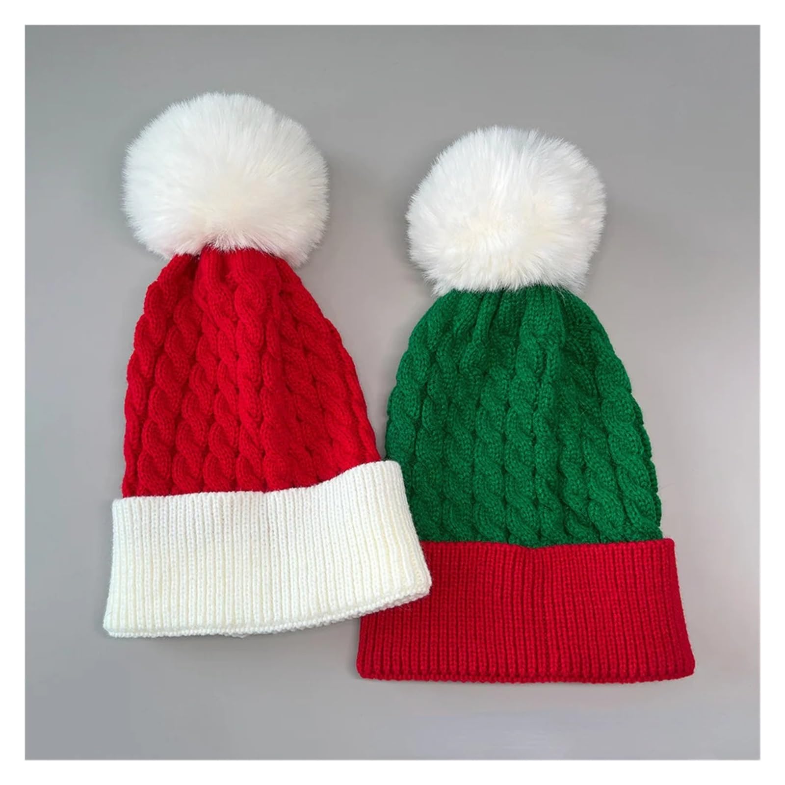 Genérico Gorro Tejido Navideño con Bolas Esponjosas para Niños Y Adultos | Gorro rojo de acrílico con pompón blanco y vuelta, tejido elástico, 1PC/2PCS, accesorio de invierno(2PCS-MC)
