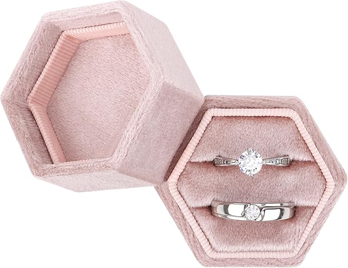 DesignSter Velvet Ring Box Hexagon - Premium Gorgeous Vintage Double Ring Display Holder with Detachable Lid for Proposal, Engagement, Wedding, Ceremony(Nude peach)