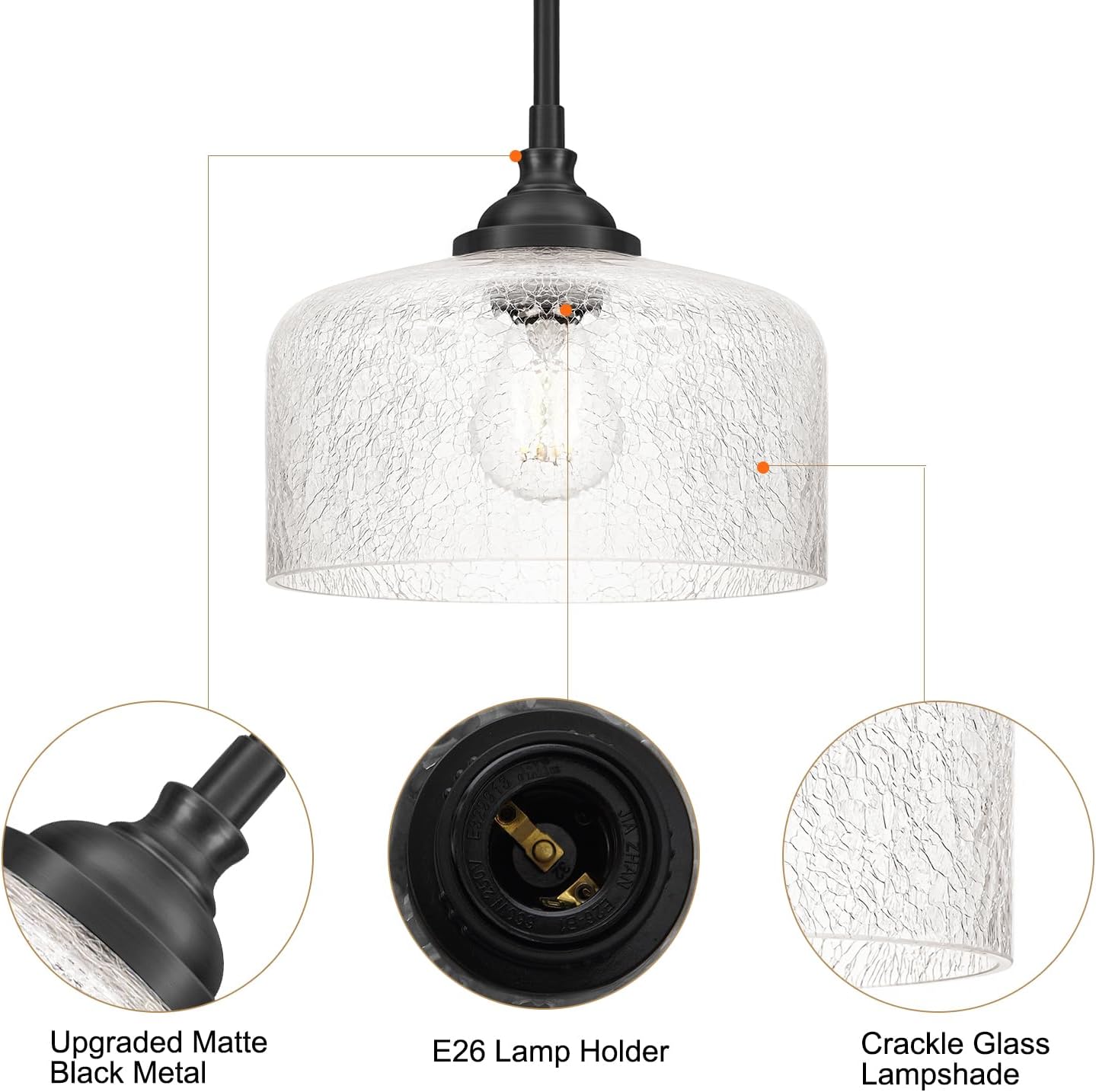 Black Vintage Pendant Lights Kitchen Island, Farmhouse Pendant Lights With Cracked Glass, Adjustable Hight & Angle Bathroom Hanging Lights Fixtures For Home Bedroom Hallway,Dining Room,E26 Socket
