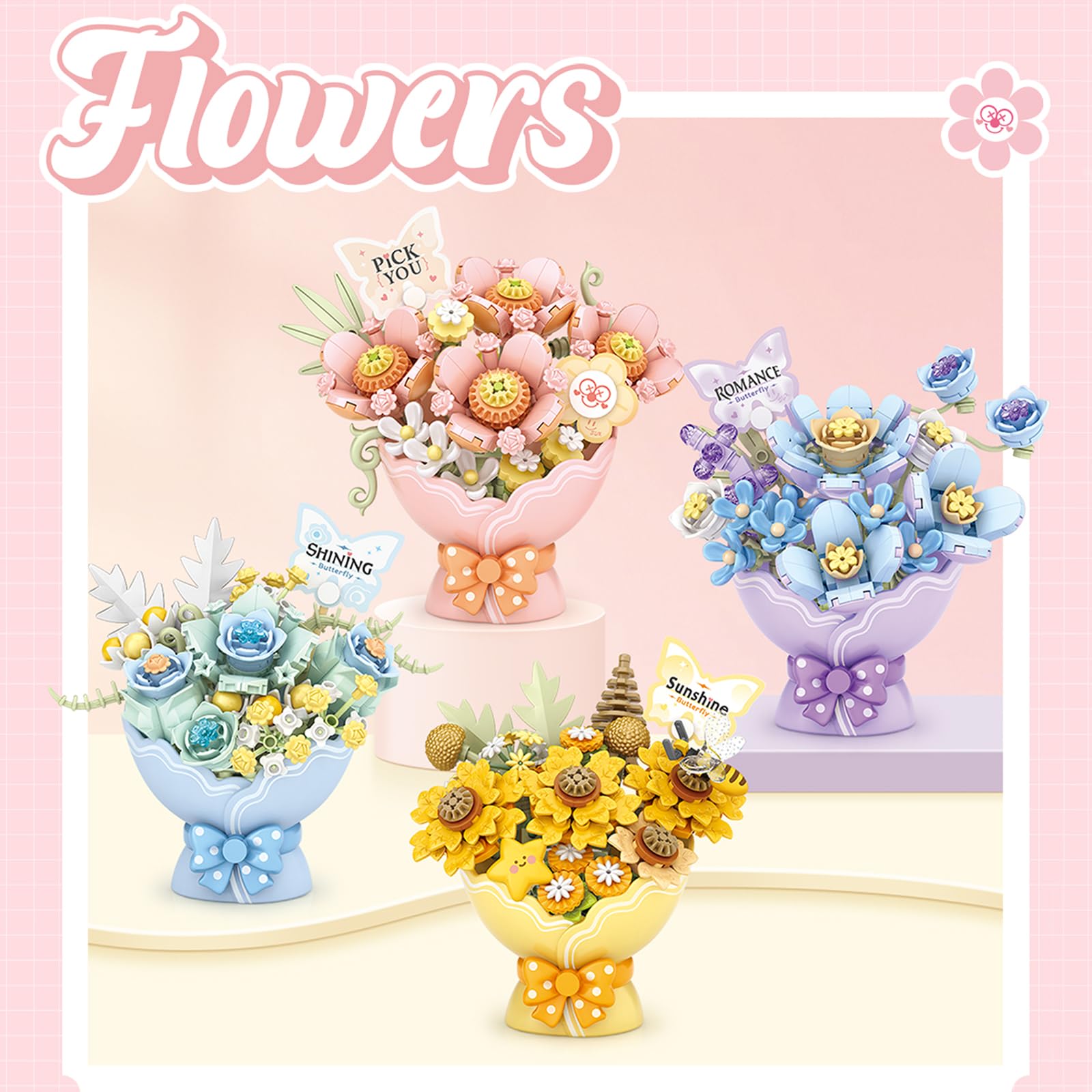 MEIEST Bouquet Fiori Da Costruire Con Mattoncini - Mini Bonsai Rosa Per Decorazione - 4