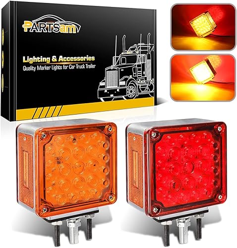 Partsam 2 piezas cuadradas de doble cara para guardabarros de doble cara, 52 luces LED ámbar/rojo, luces de pedestal LED de doble cara impermeable,