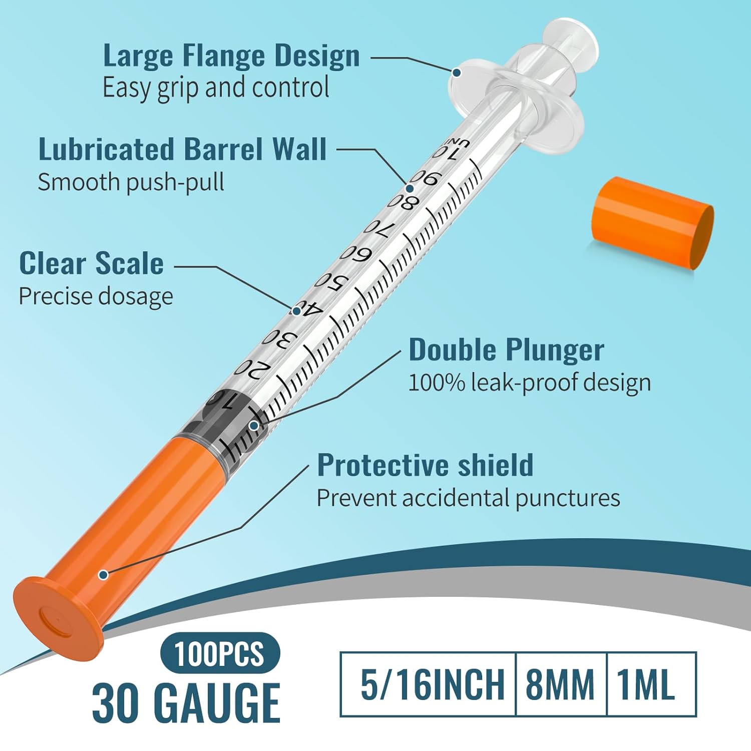 1ml 31G 1/2" (12.7mm) Syrings, Disposable Individual Package, 100 Pack