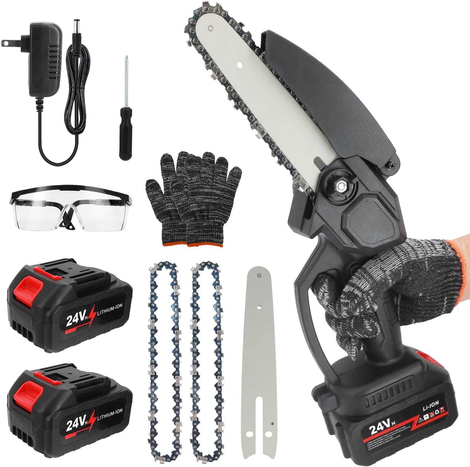 Mini Chain Saw Cordless 6 Inch Electric Small Chainsaw with 2Pcs 6000mAh Battery Operated, Security Lock, Battery Charger, 2Pcs Chains, Handheld Power Chain Saws for Branches Pruning Wood Cutting