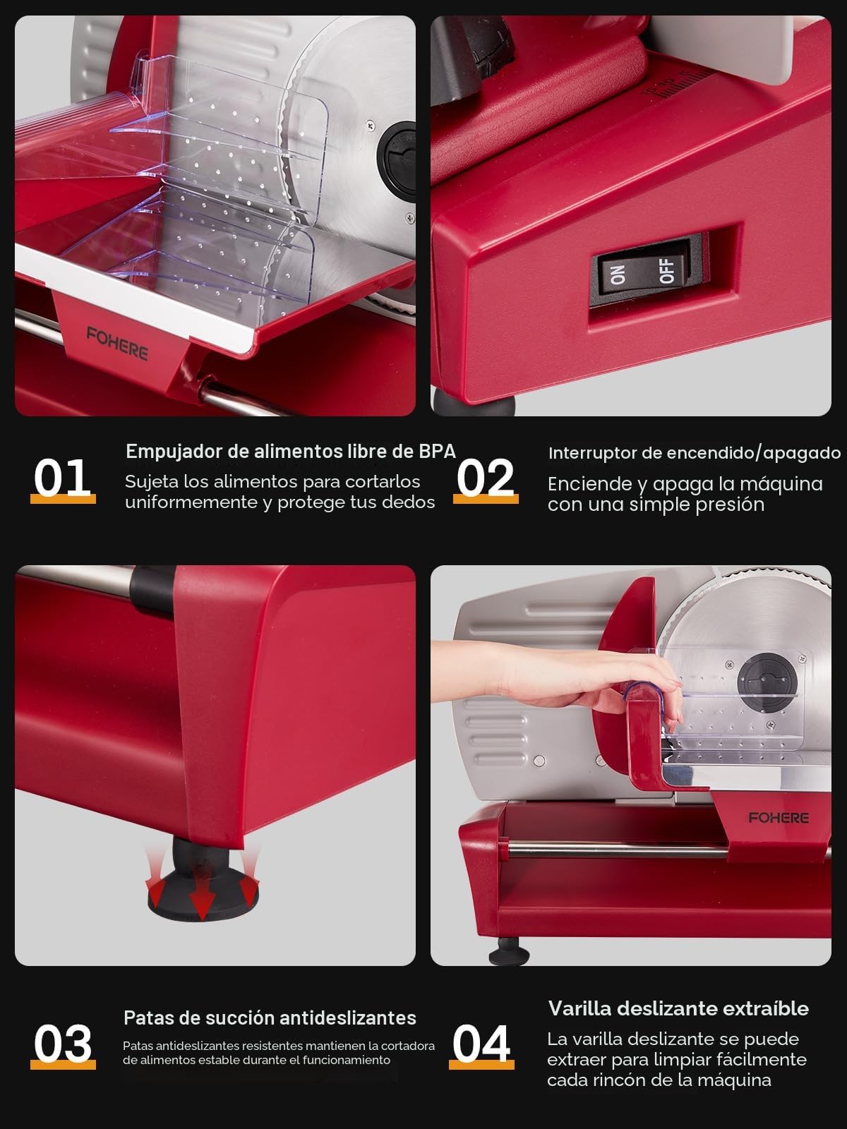 250W Cortadora de Fiambre - Cortafiambres Eléctrico con 3 Cuchillas de Acero Inoxidable Removibles de 19cm, Grosor Ajustable de 0 a 15mm, Bloqueo de Seguridad y Pies de Succión
