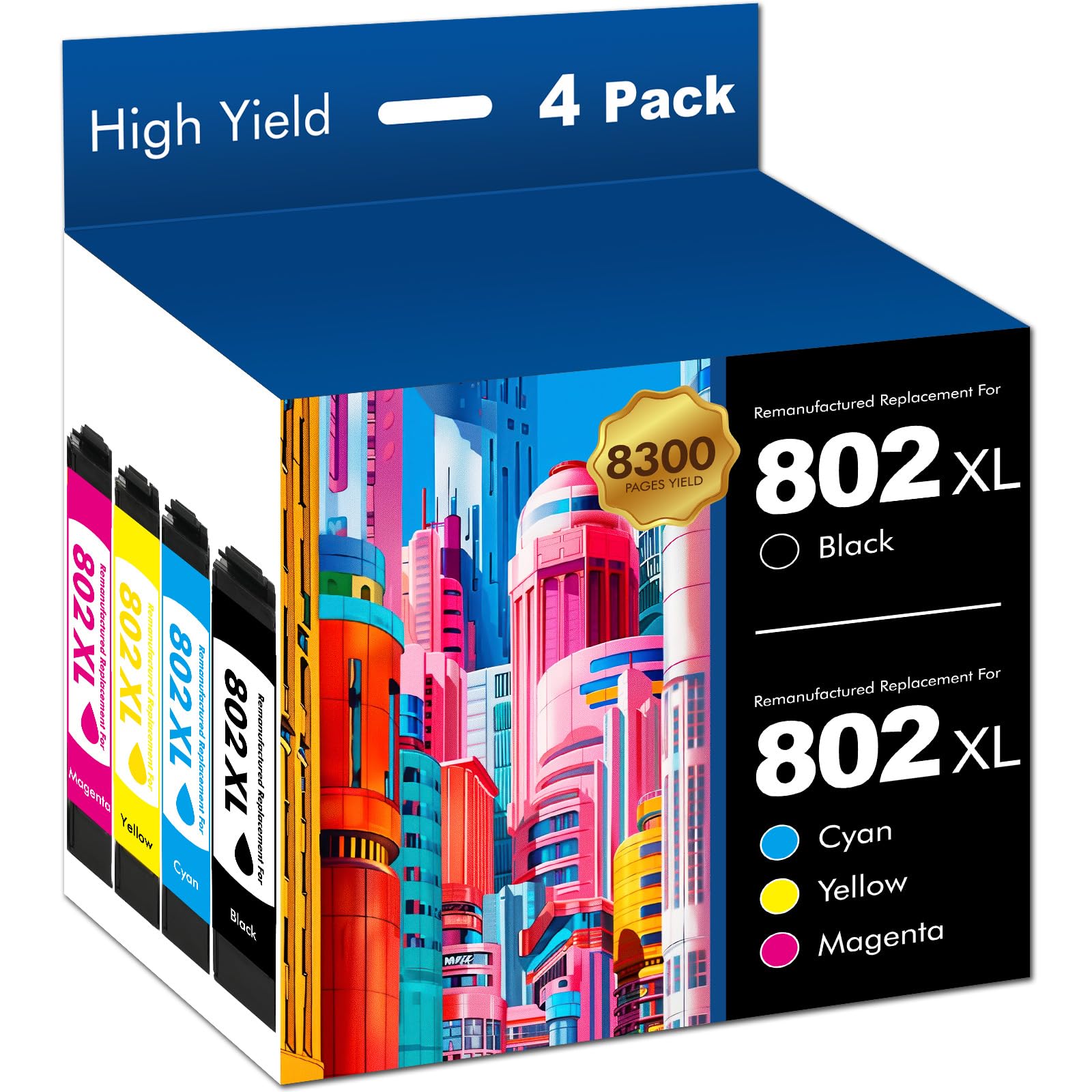 802 802XL Ink Cartridges Combo Pack Remanufactured Replacement for Epson 802 XL Ink Cartridges for Epson Printer Workforce Pro WF-4740 WF-4730 WF-4720