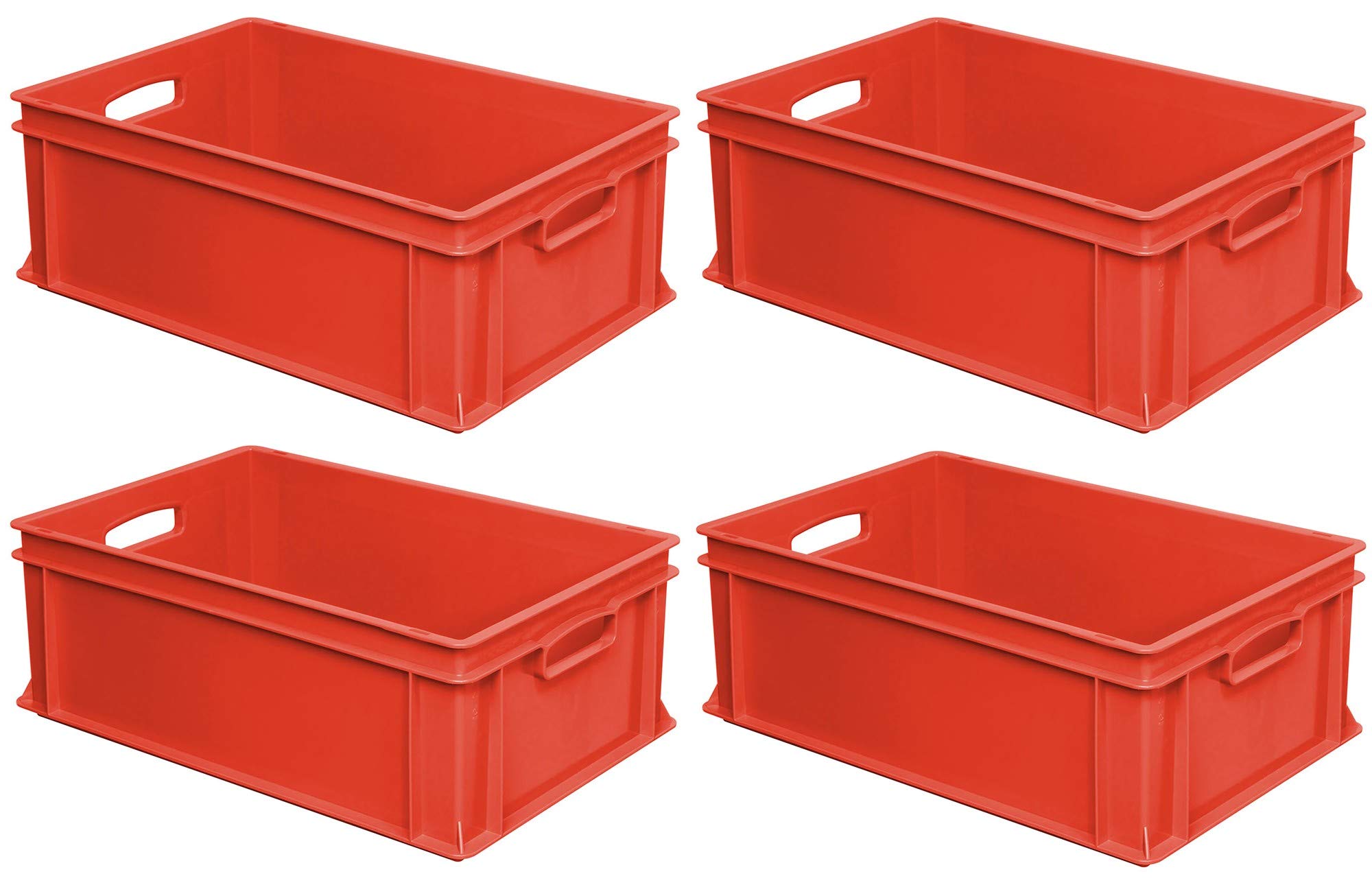 4 récipients Euro bac de rétention plastique avec 2 poignées, 600 x 400 x 220 mm, 43 l, rouge