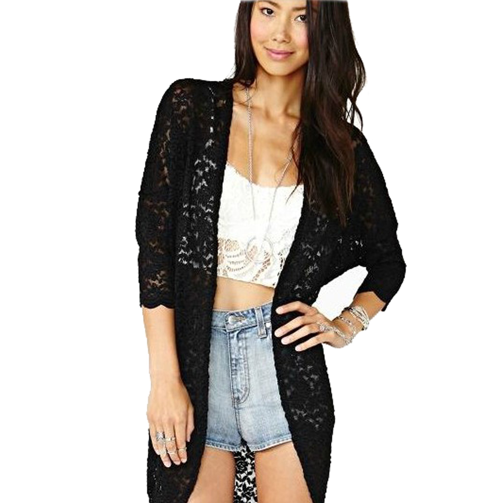 Womens Long Lace Floral Crochet Knit 3/4 Sleeve Cardigan Sweater Tops
