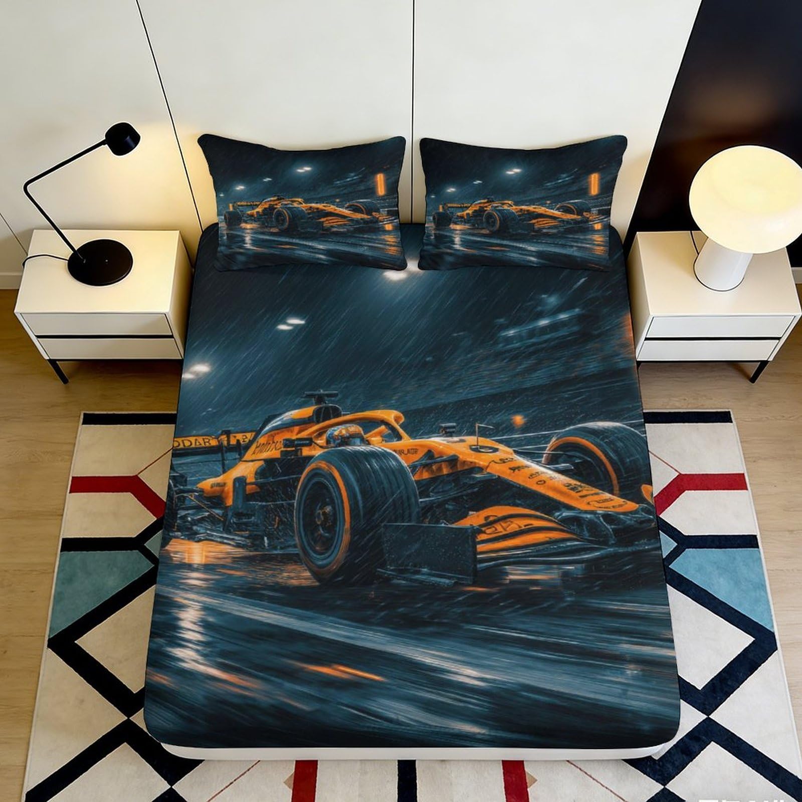 3D Printed Racing Car Fitted Sheet Microfiber Soft Orange Sports Track Bed Cover for Bedroom Guest Room Decor 90x200x25cm
