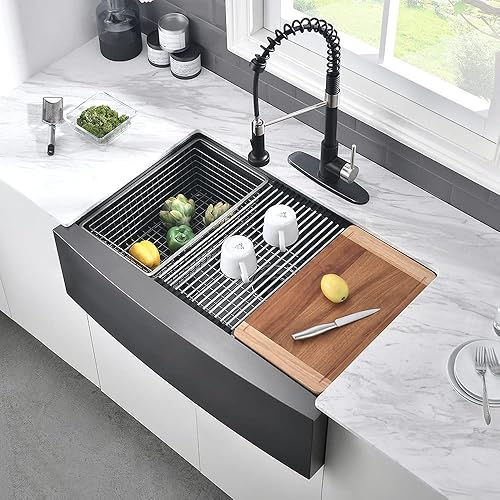 Miniatura 2 de VASOYO - Fregadero negro de 24 pulgadas para casa de campo, fregadero de cocina de 24 x 22 pulgadas con delantal frontal, acero inoxidable de