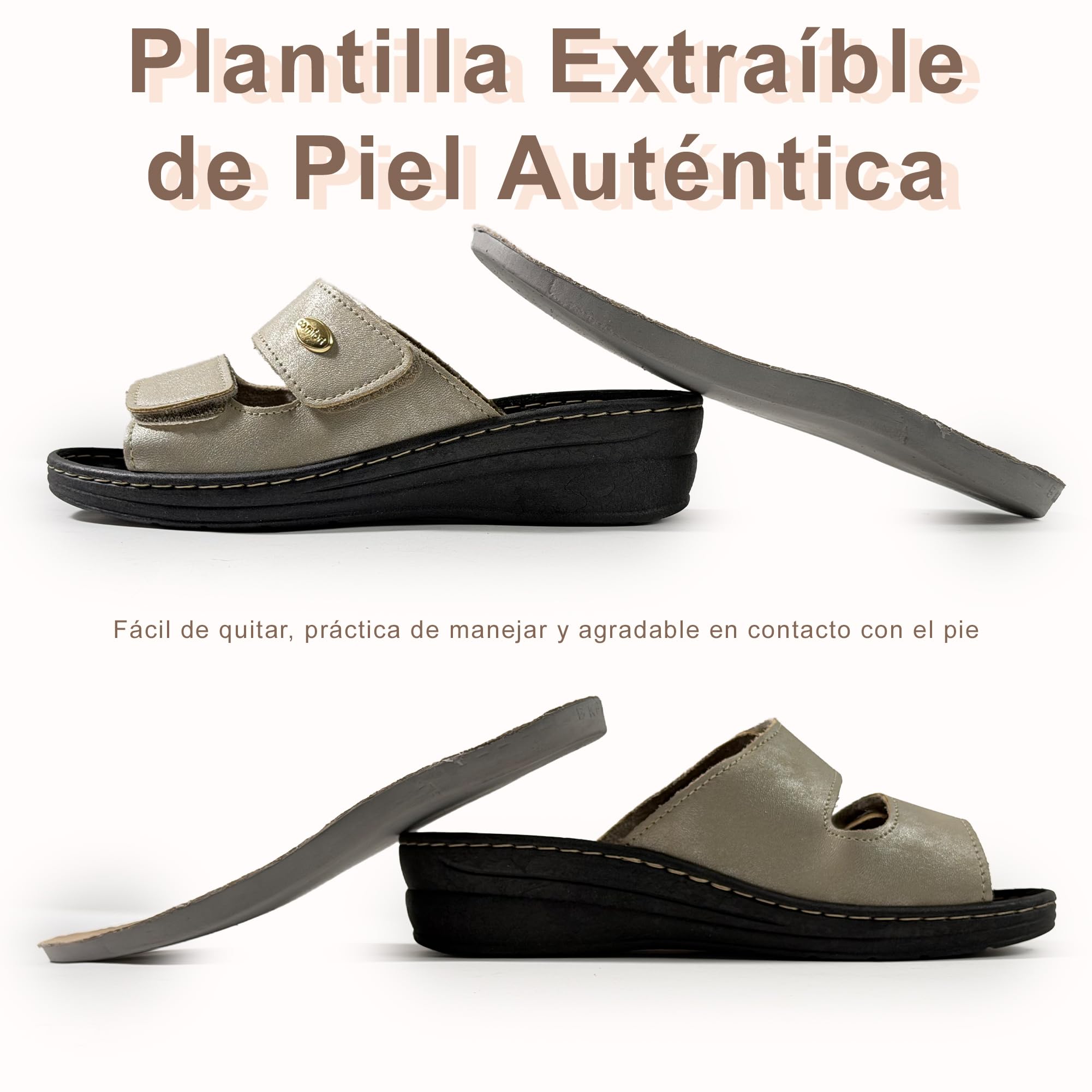 JOMIX Zapatillas Ortopédicas de Mujer con Cierre Ajustable Pantuflas de Verano Anatómicas y Ergonómicas Plantilla Extraíble de Piel Sandalias Cuña Cómoda para Pies Sensibles y Mayor