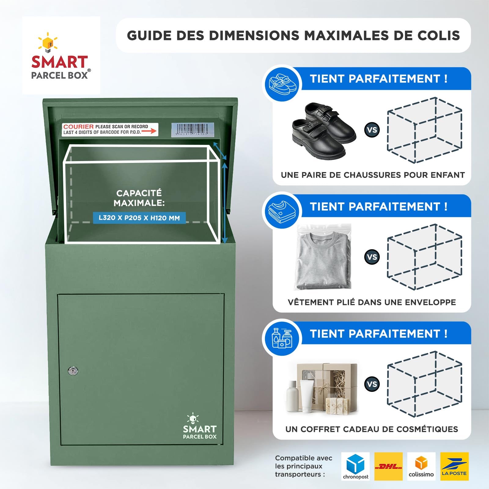 SMART PARCEL BOX Boite aux Lettres Colis, Fixation Murale, Individuelle, Acier galvanisé, 3 clés, Vert, 44 x 35 x 58 cm