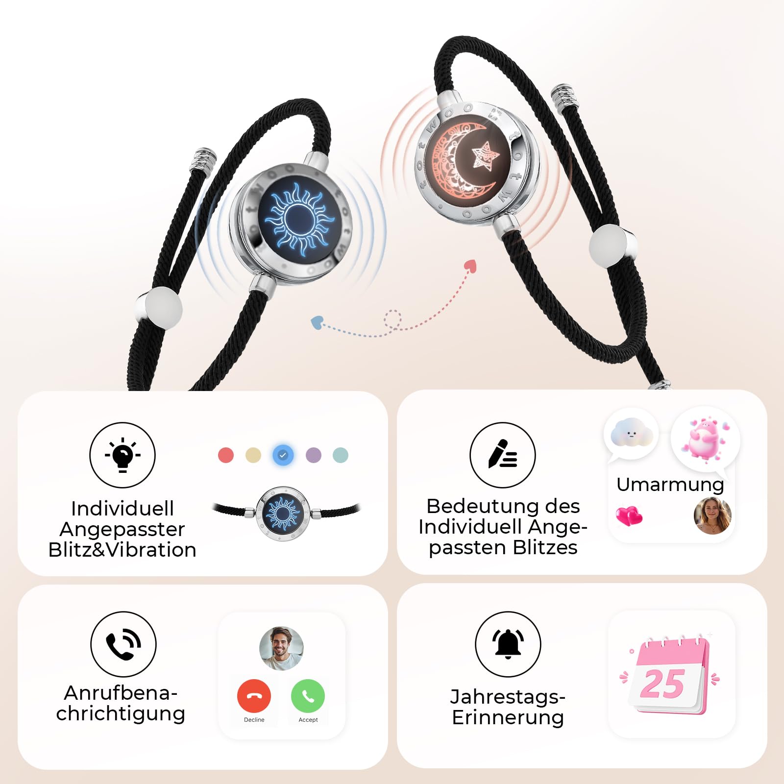 TOTWOO Bracciali per Coppie con Collegamento Bluetooth Uno a Uno tramite App, Luci e Vibrazione al Tocco – Regalo Romantico per San Valentino e Relazioni a Distanza in Acciaio Inossidabile 316L