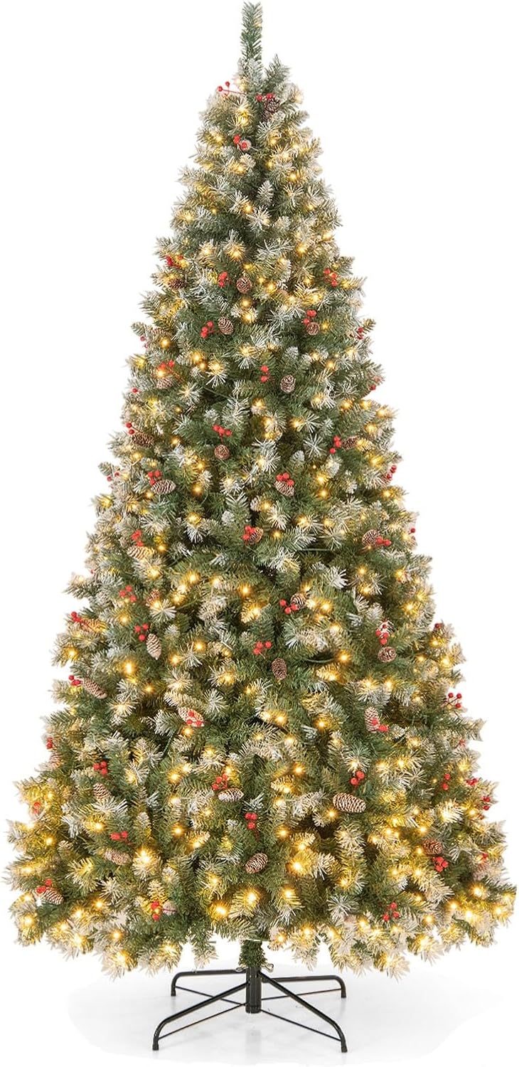 HAPPYGRILL 9FT Prelit Artificial Christmas Tree, PreDecorated Hinged