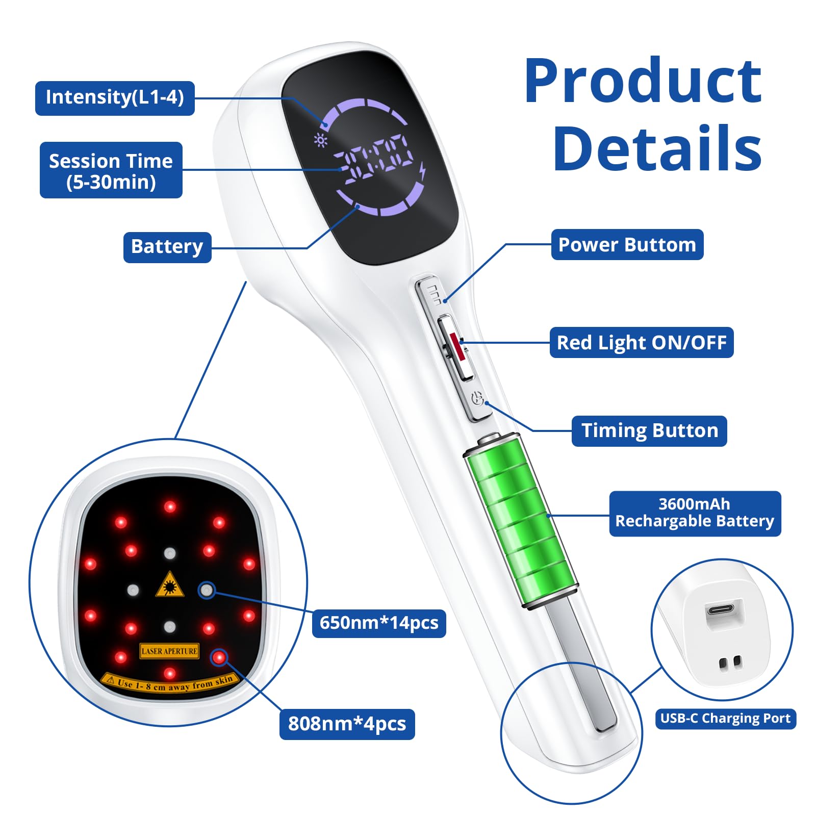 Rotlicht Therapiegerät, Handgerät Kalte Laser mit 5-30mins Timer Einstellbarer Leistung, Gelenk- und Muskelpflege (4 * 808nm+14 * 650nm) für Haustiere & Menschen, Red Light Therapy