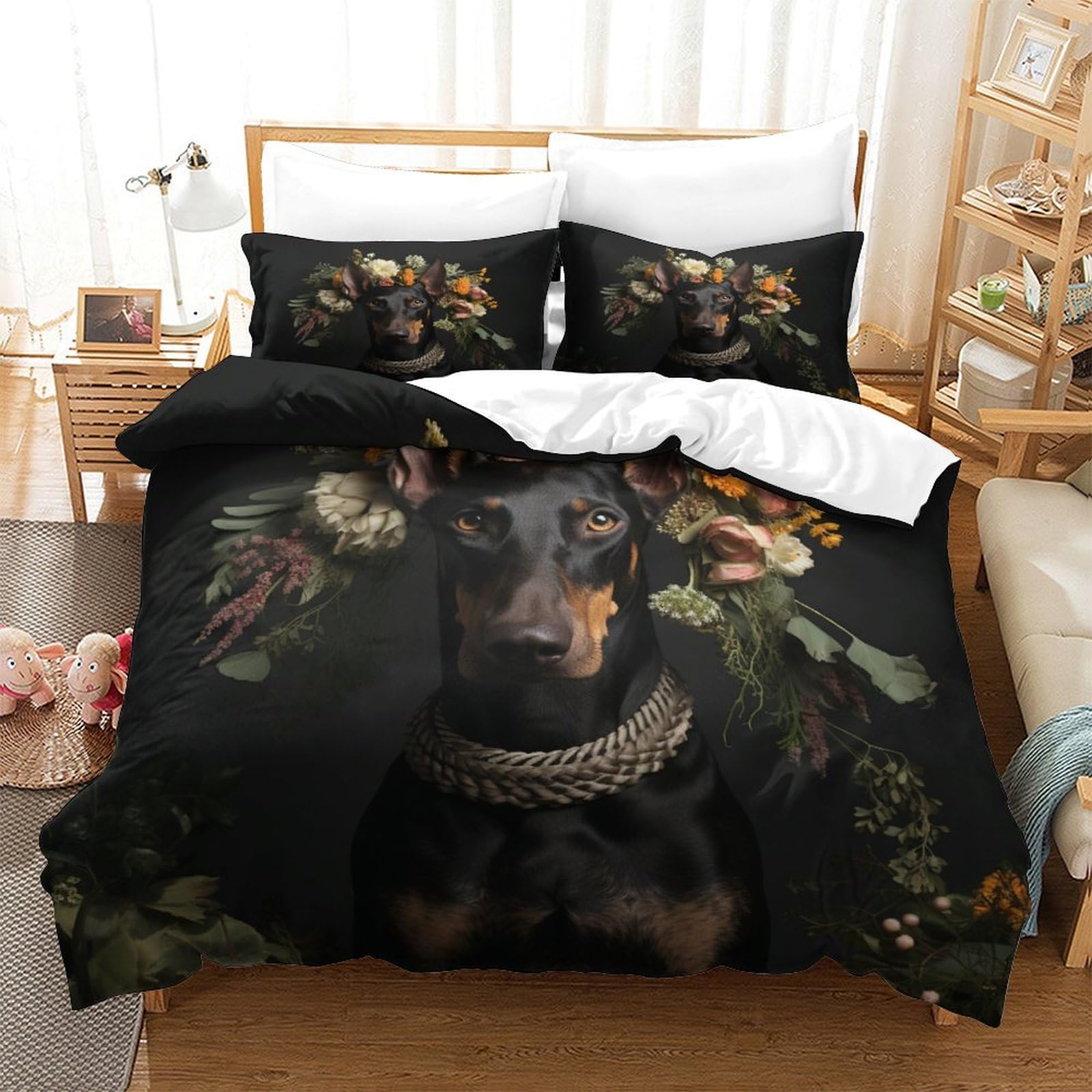 P1S9U7W5Y Vintage Floral Dog 3D Printed Duvet Cover Set 3 Pieces Microfiber Bedding Set for Adults Bedroom Decor King（220x240cm）