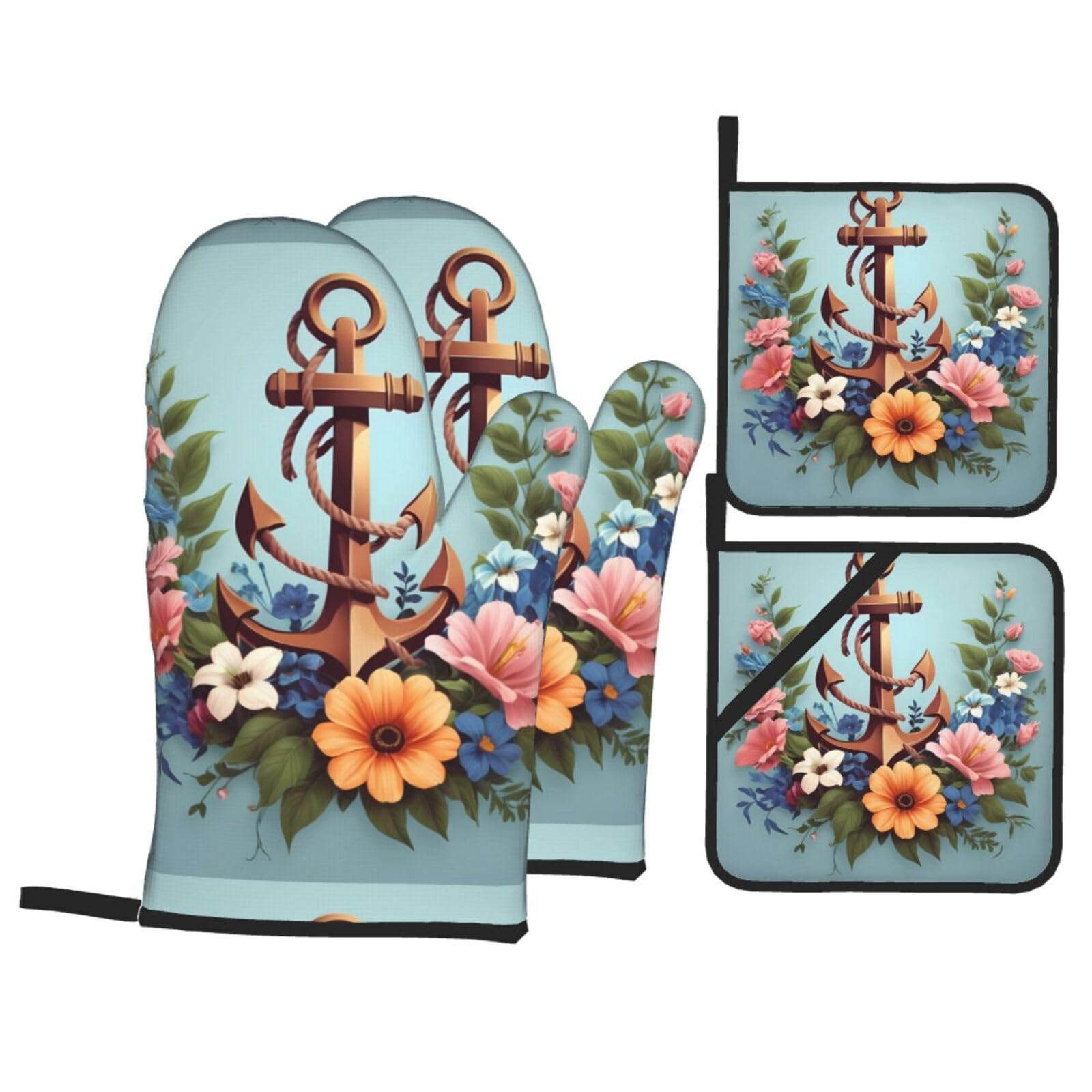 HJFCZH Flowers On The Anchor Picture Kitchen Baking Set of 4 Thick Insulated Oven Mitt & Pot Holders, Anti-Scalding for Microwave, Oven, Outdoor BBQ