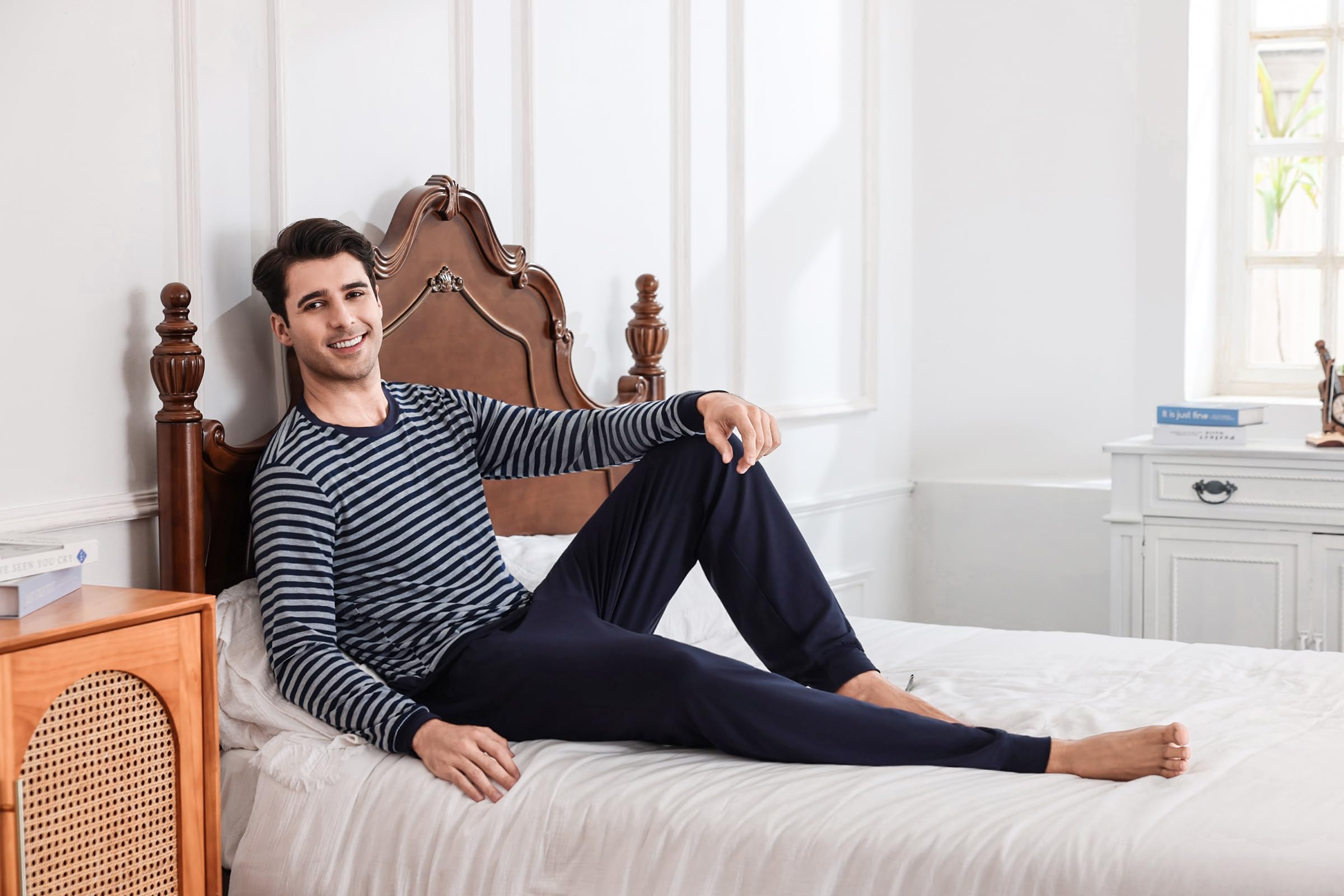 Bresdk Pigiama Uomo Lungo Cotone Pigiama Uomo Invernale Manica Lunga Pigiami Due Pezzi con Collo Rotondo e Strisce