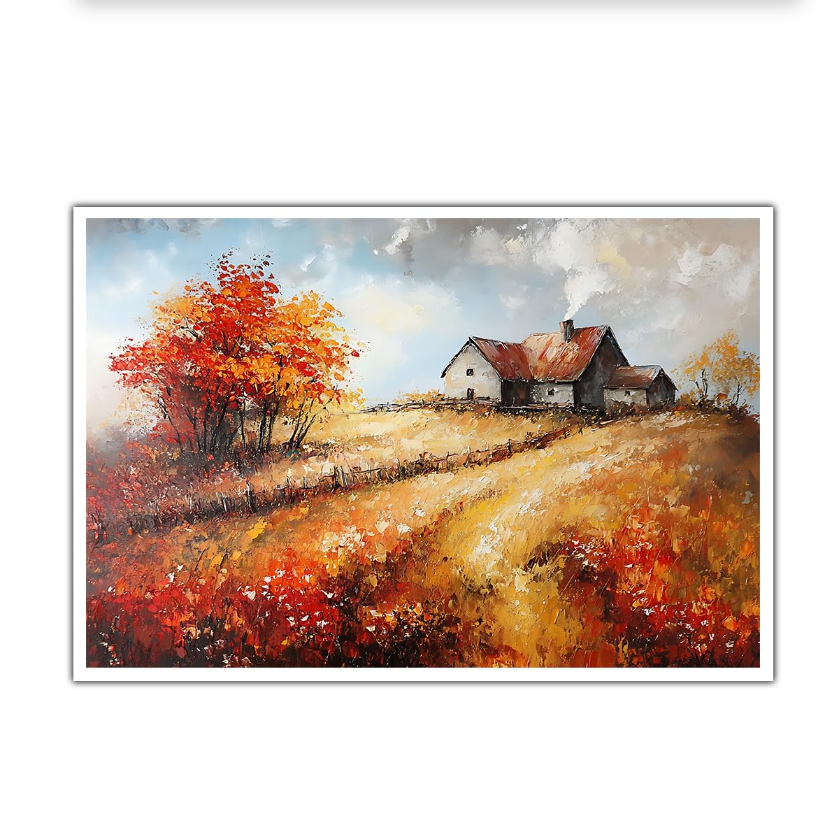 CHERHERART Autumn Countryside Canvas Picture Prints Impressionist Farmhouse Wall Art Fall Foliage Warm Canvas Poster for Living Room Dining Room 35x55cm Frameless