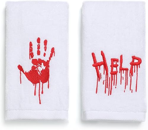 Maracco Juego de 2 toallas de mano de Halloween, 100 % algodón, bordadas con manos sangrientas aterradoras, para baño, cocina, platos, regalo, 14 x