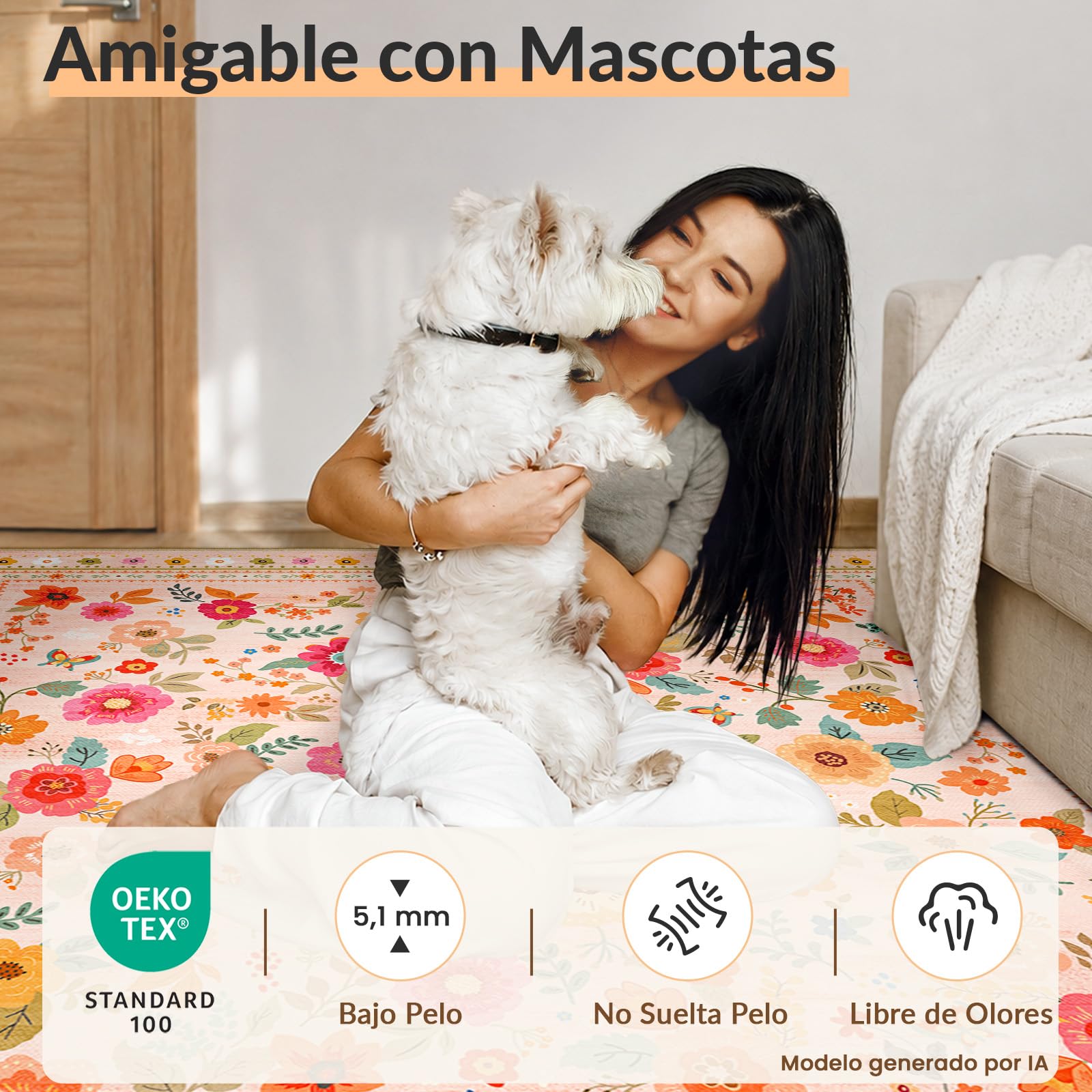 INOVADAY Alfombra Lavable 120x180 cm Rosa/Beige Alfombra de Salón | Dormitorio, Cocina, Recibidor, Baño, Comedor, Pelo Corto, Antideslizante, Estampado Floral, Boho, Suave, Fácil de Limpiar
