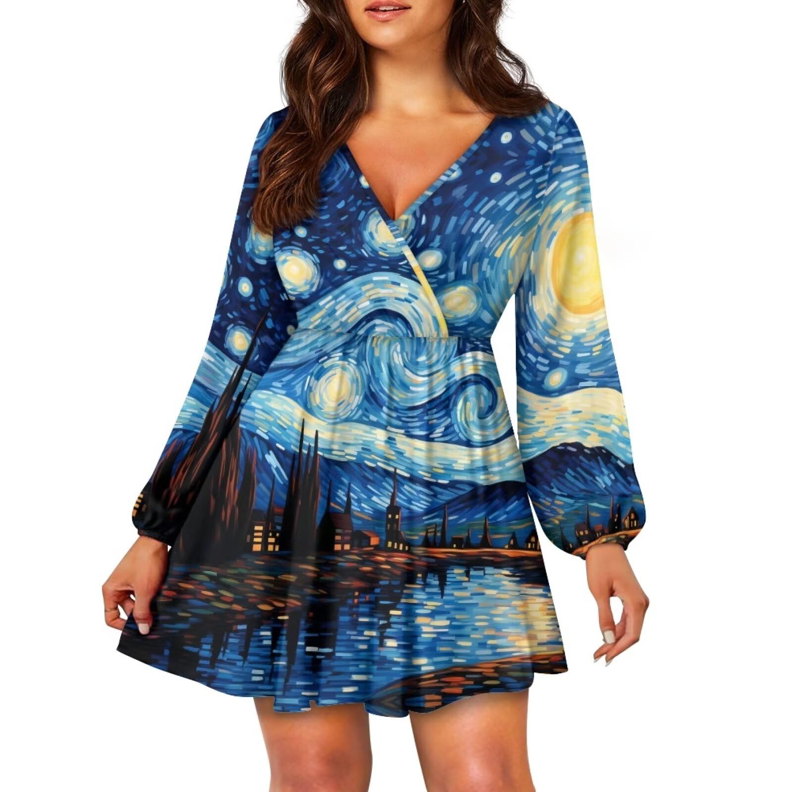 XXQGOMG Womens Long Sleeve Mini Dress Deep V Neck Ruffle Flowy Dress Casual Skater Dress