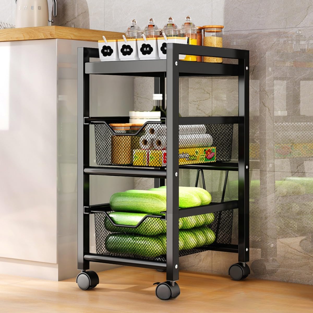 Amazon.co.jp: Fengxfa キッチンワゴン キャスター付き 幅25cm 収納