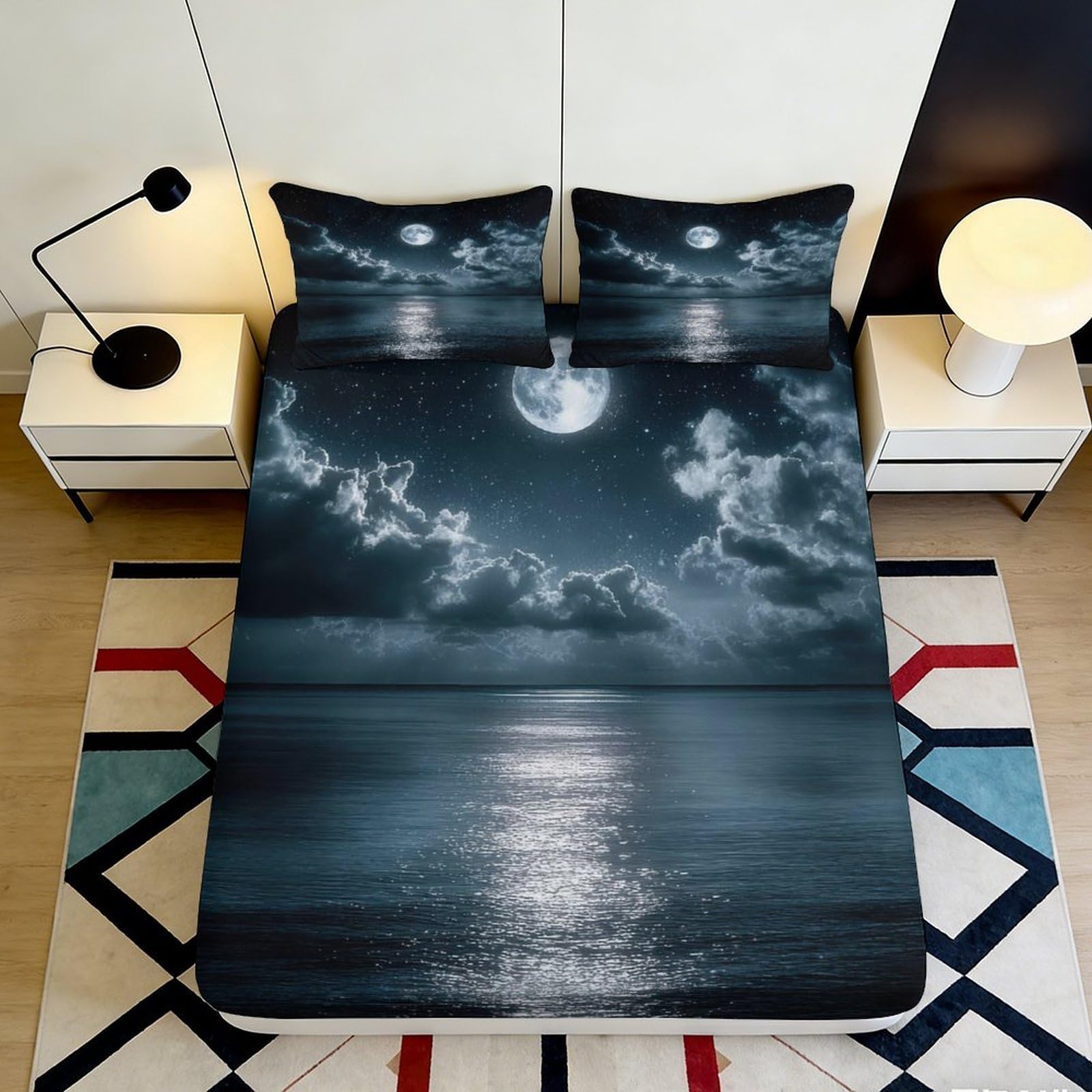 3D Printed Moonlit Ocean Fitted Sheet Microfiber Soft Anti-Slip Night Sky Mattress Cover for Bedroom Dorm Decor 120x200x25cm