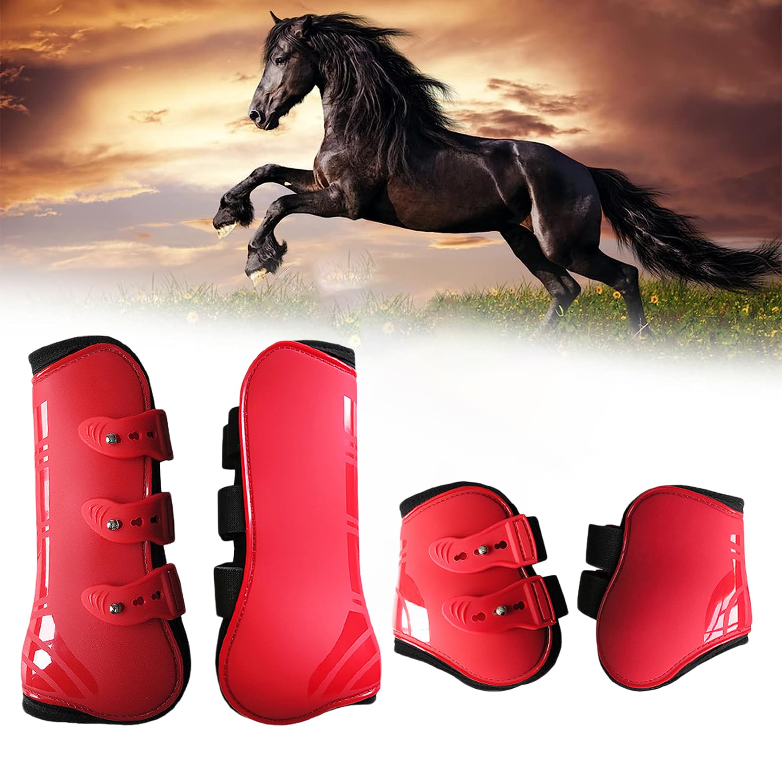 UrCreat Protectores Caballo Doma, Protector de Pierna de Caballo Elástico Estable con Soporte de Carcasa de PU Ligero Fijo para Montar a Caballo (X-Large,Rojo)
