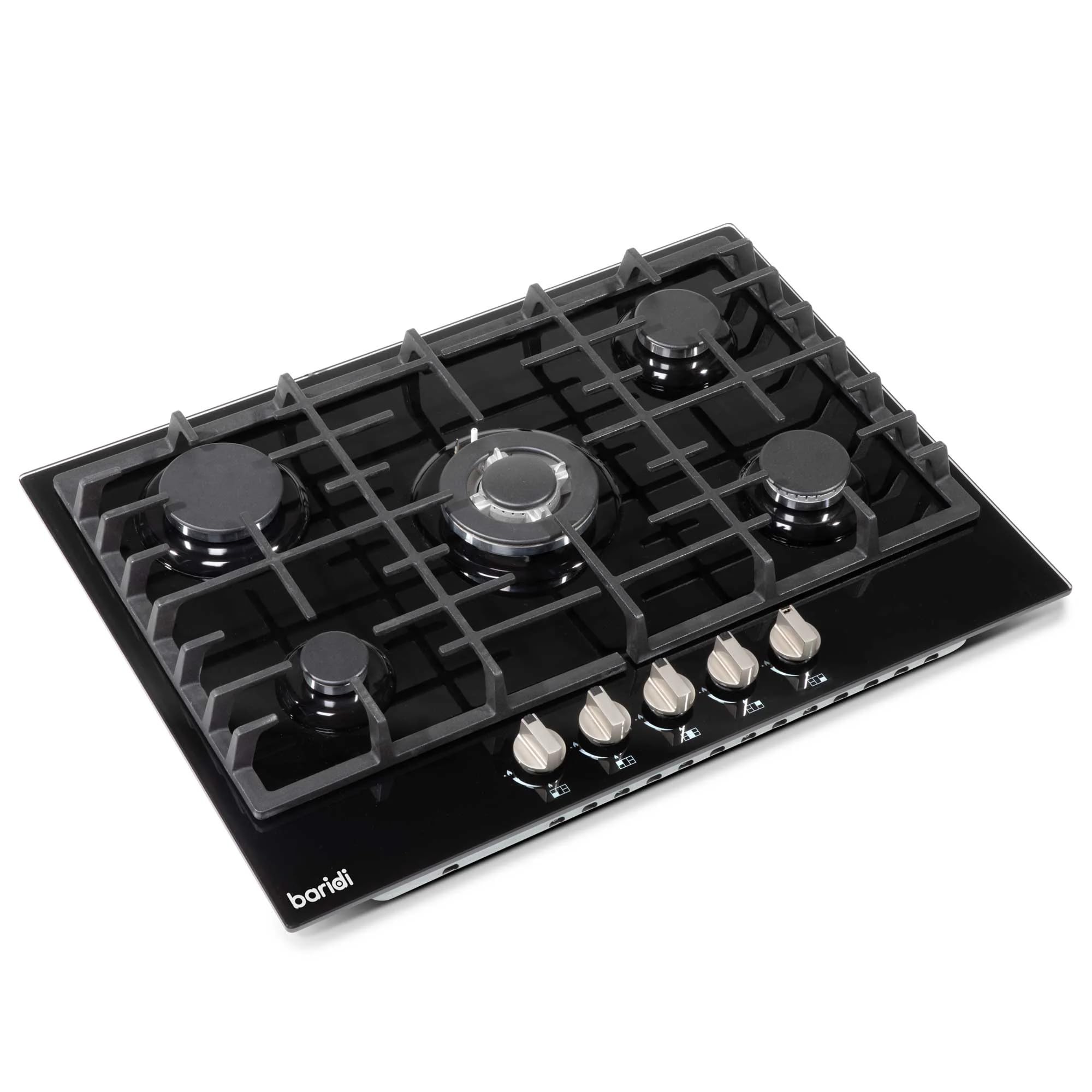 Baridi 70cm Gas on Glass Hob with 5 Burners, Cast Iron Pan Supports and Auto Ignition, 11kW, Black Glass - DH228 — view 7