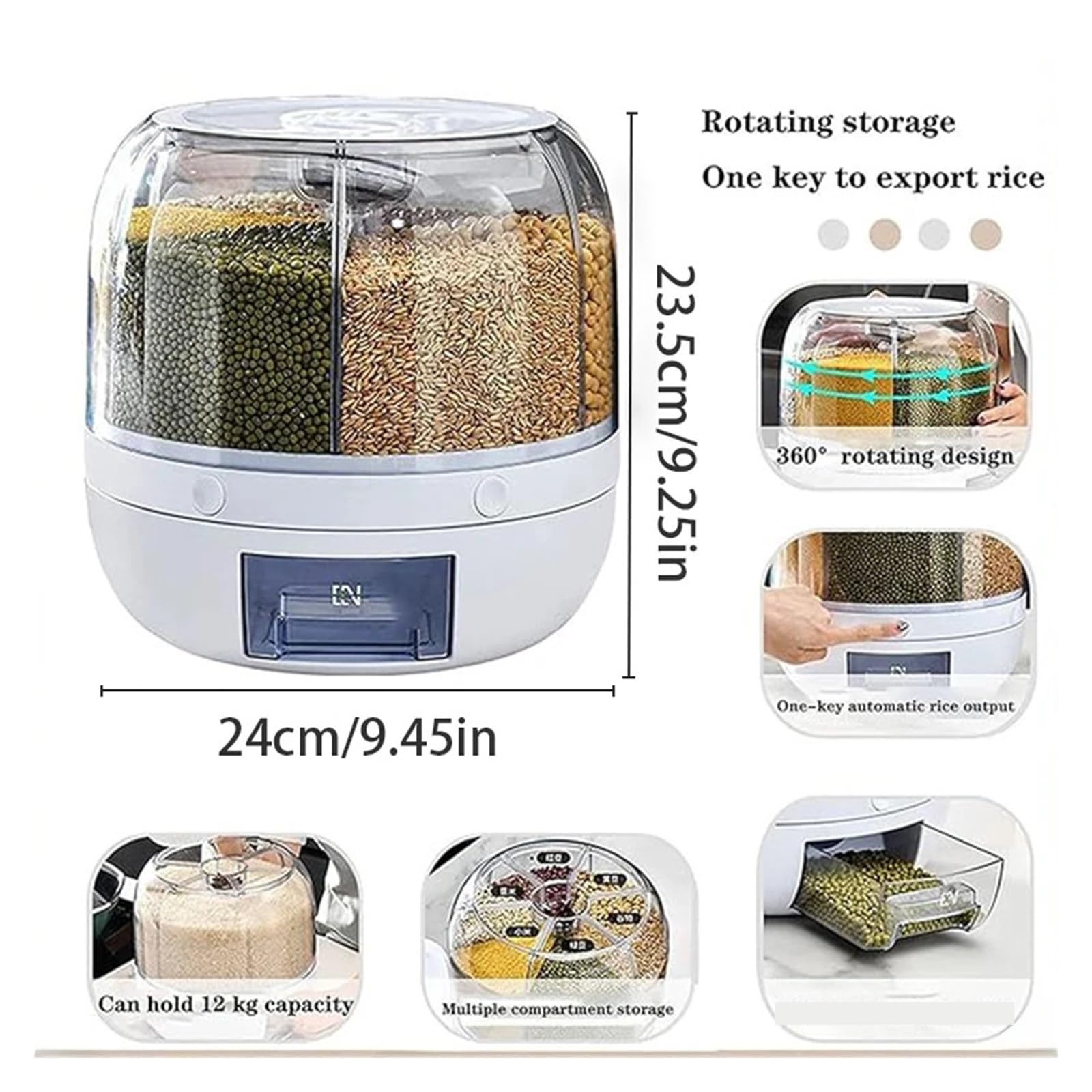 Contenedor dispensador de granos giratorio 360° de 6 compartimentos | Diseno de 6 compartimentos con salida de un toque, para arroz, granos y cereales secos, reutilizable