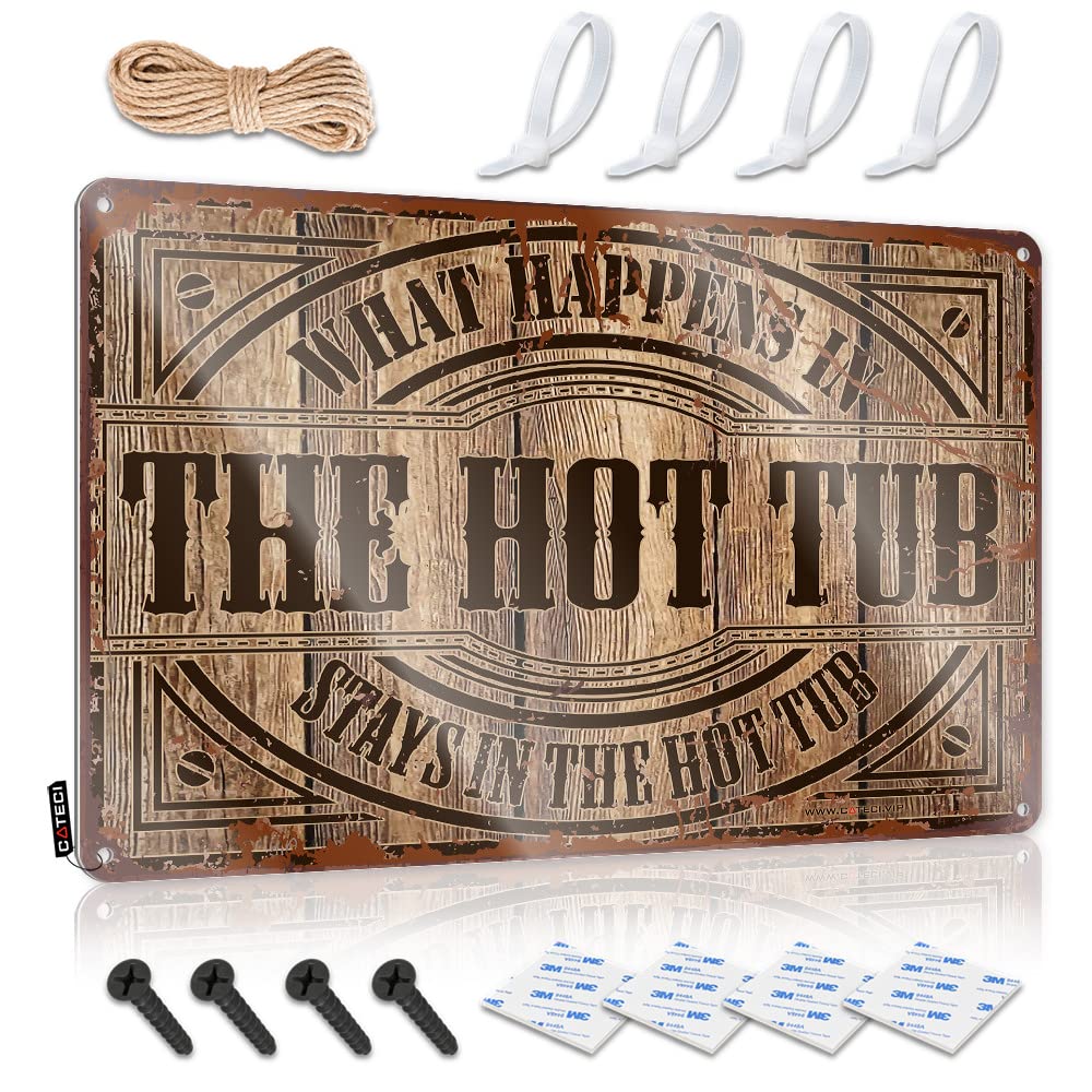 IBWNBBUSN Funny Signs For Home Decor What Happens In The Hot Tub Stays In The Sign Metal Signs Funny Gaming Metal Tin Decor(30X40CM)