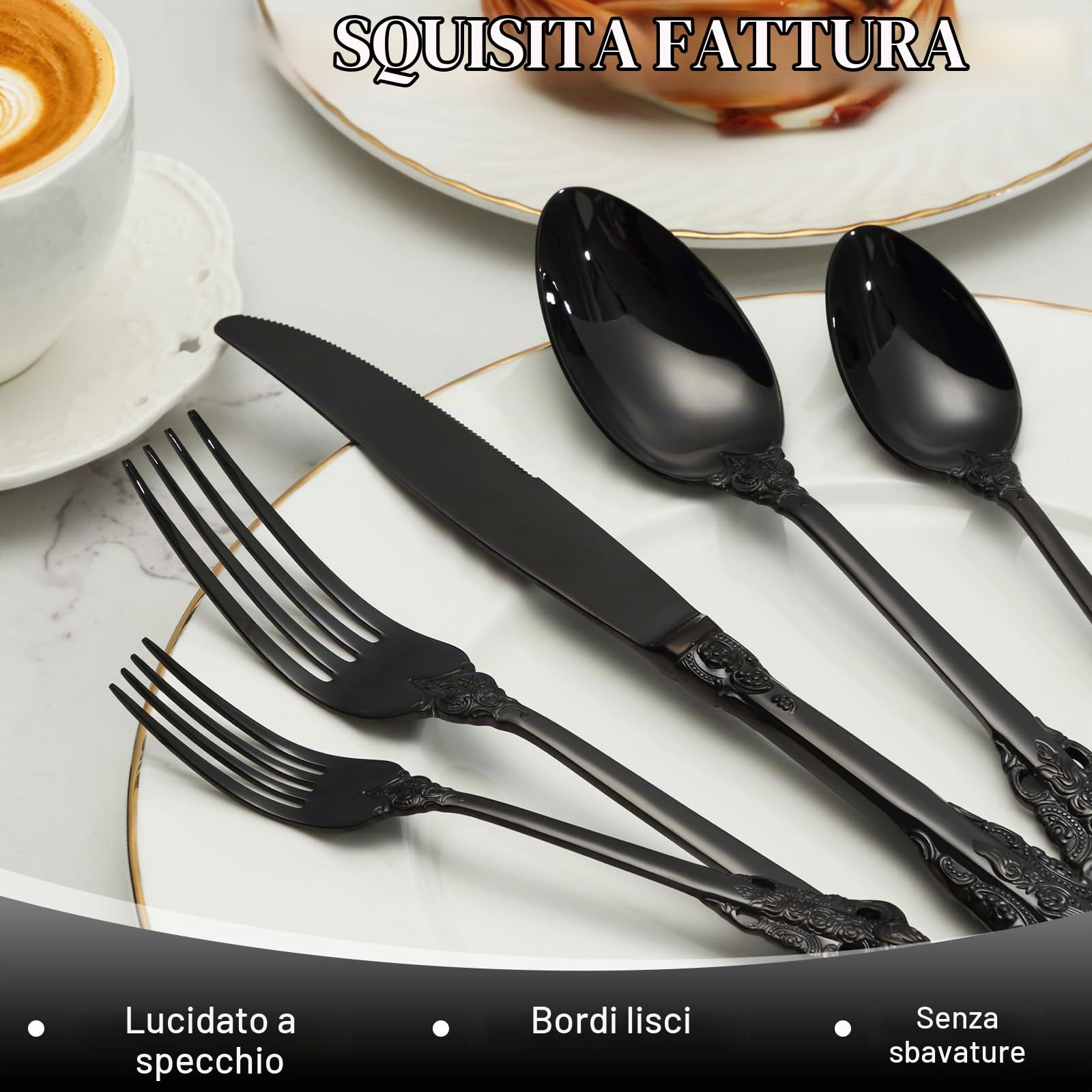 BEWOS Set Posate Palazzo d'Nere 30 Pezzi, Posate Acciaio Inox, Manici in Rilievo, Posate per Famiglia e Banchetti, Confezionati in Regalo, Lavabili in Lavastoviglie