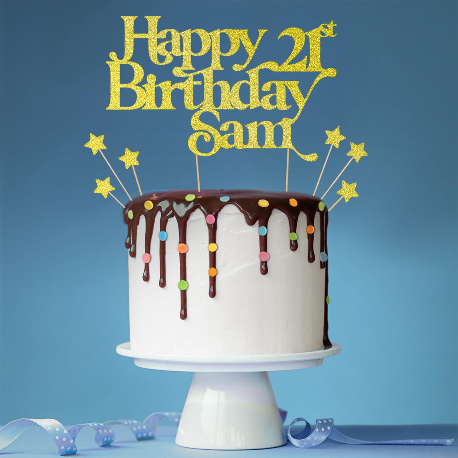 Personalised Happy Birthday Glitter Cake Topper, Champagne Any Name & Any Age Glitter Cake Decoration and Sprinkles - Image 3