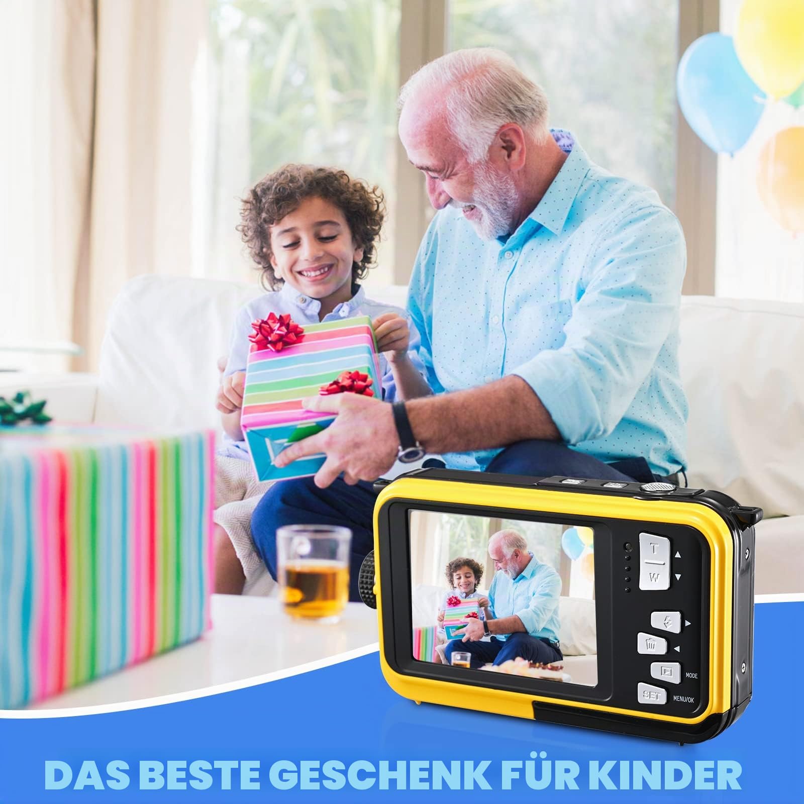Digitalkamera, Wasserdicht, Full HD 2.7 K, 24 MP, Unterwasserkamera, 16 X Zoom, Wasserdicht, mit Doppelbildschirm, Autofocus für Jugendliche, Schüler, Anfänger, Gelb