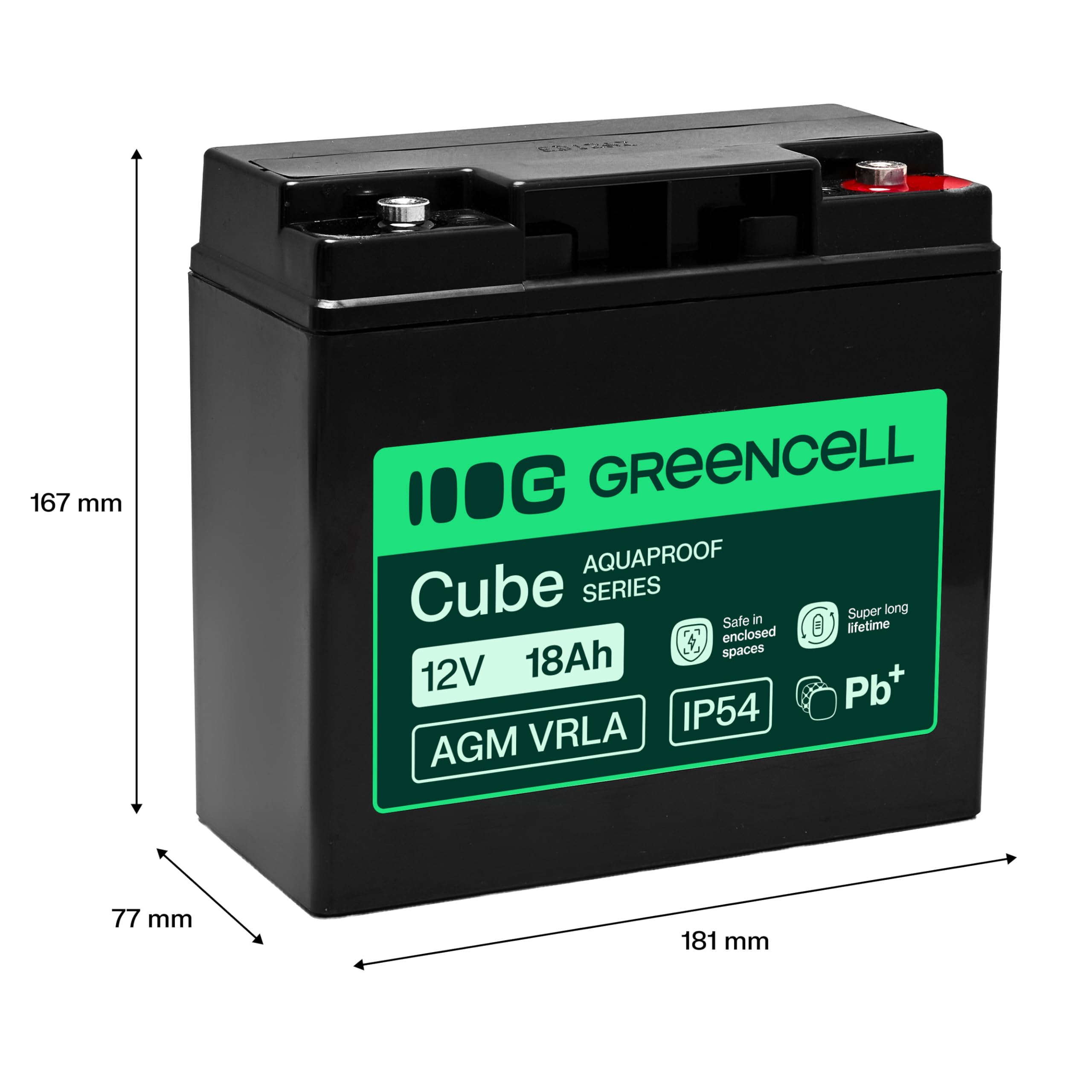 Greencell AGM VRLA 12 V 18 Ah Batterie Gel sans Entretien pour UPS, campeurs, systèmes d'alarme, Alimentation de Secours et Applications industrielles, Durable, Protection IP54, Haute Performance