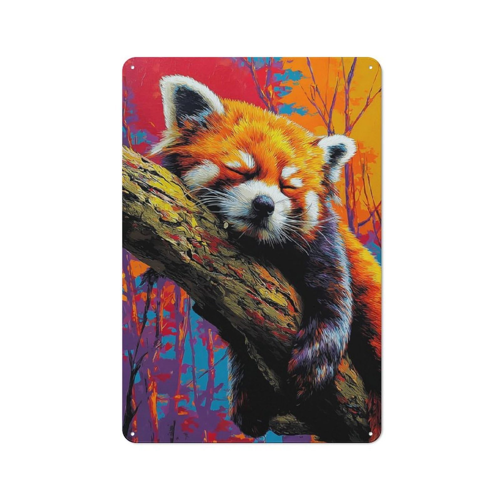 Junmoney Sleepy Red Panda In Autumn -1 Metal Wall Sign 30X20cm Featuring For Home Bar Wall, New Home Wall Decor For Hosts Who Enjoy Retro Interiors