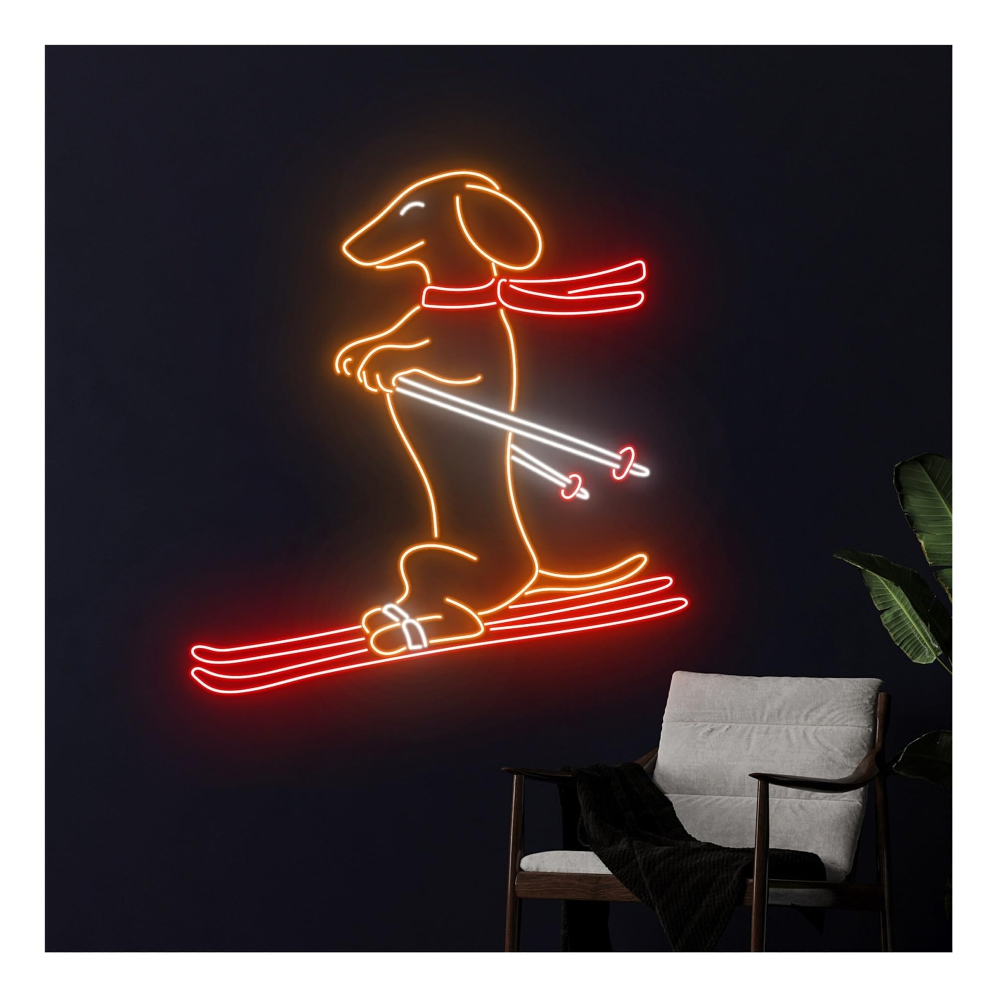 Luces de neón Letrero De Neón Perro Salchicha Esquiando, Nieve, Mascota, Jugador, Animal, Deporte, Decoración Pared Para Habitación, 58cm