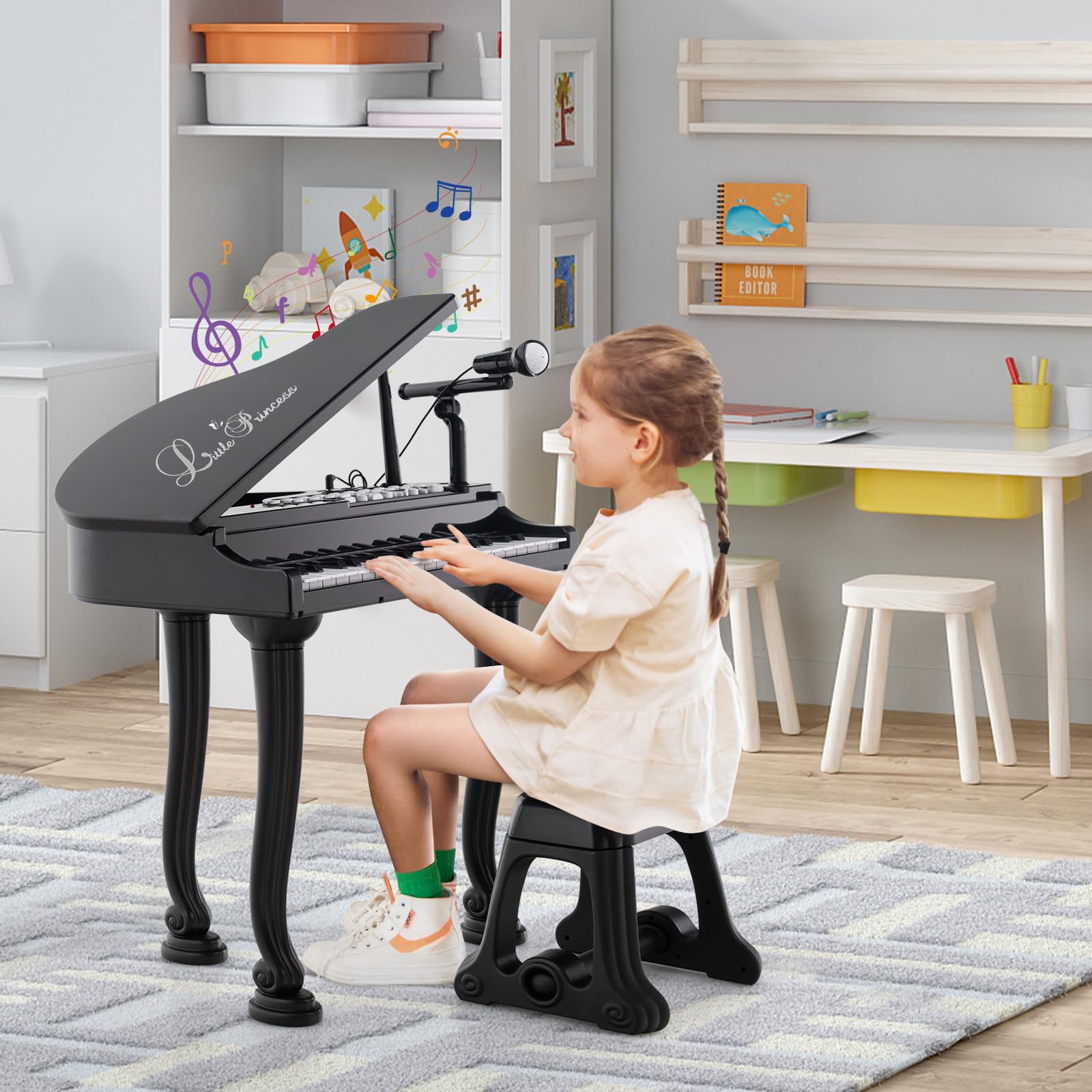 KOMFOTTEU Set di pianoforte per bambini, 37 tasti, pianoforte elettronico con microfono e sgabello, tastiera per pianoforte elettronica con 8 effetti di percussione e stili di accompagnamento