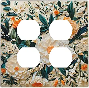 Decorative Outlet Covers Rustic Big Flowers Abstract Floral 2 Gang Wall Plate Cover Double Duplex Receptacle Two Switch Light Switch Cover Plate Jumbo Dual Faceplate for Bedroom Decor