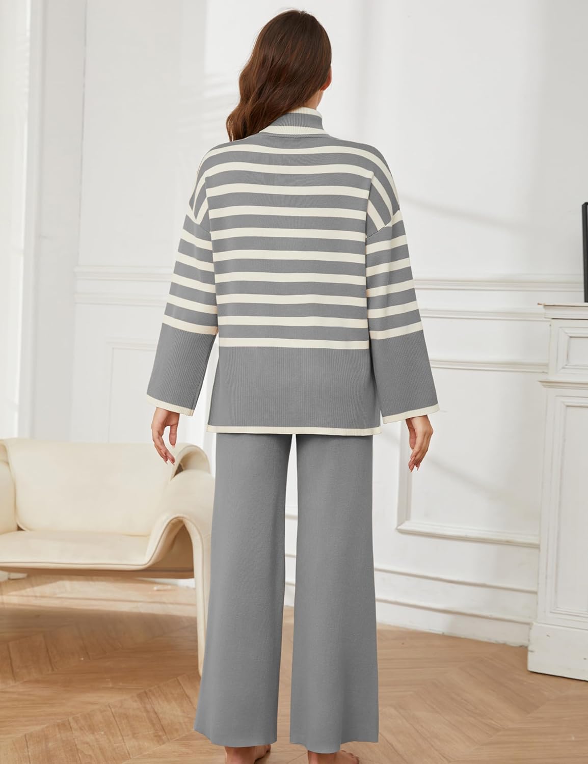 Tanming Women's Sweater Sets Long Sleeve Striped Jumper Tops Casual Knit Wide Leg Pants Sets - Image 2