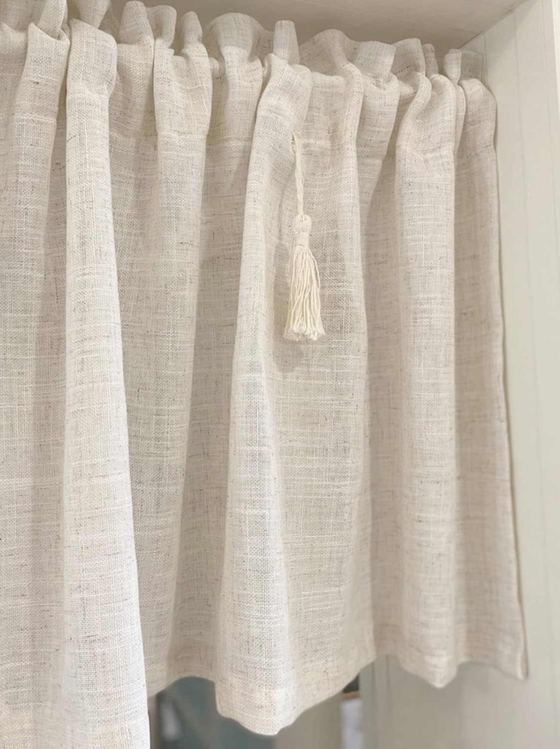 A.Monamour Short Curtain for Small Window Retro Solid Beige Linen Cotton Opaque Kitchen Curtain Under The Sink Door Curtain with Tassels