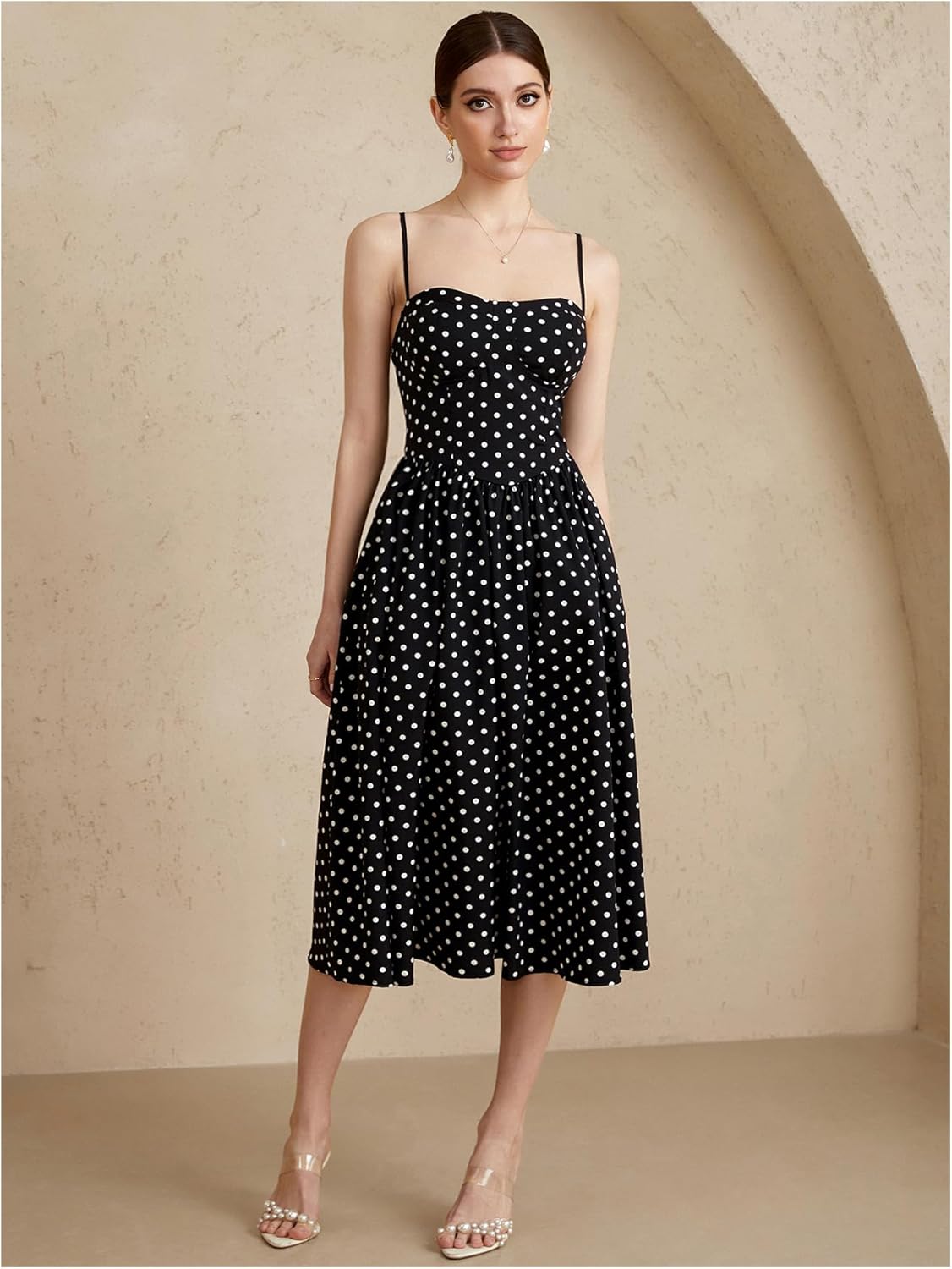 Women's Polka Dots Flared A Line Dress Spaghetti Strap Flowy Midi Vintage Party Dresses - Image 3