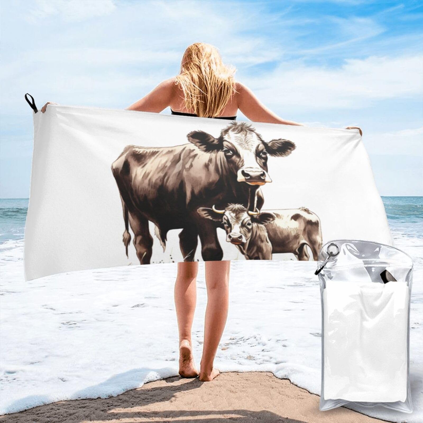 DWVTSLH Microfiber Sand Free Beach Towel 27.5"x55", Quick Dry Absorbent Travel Towel Large Camping Blanket, Cow Painting Bath Towels Lightweight Pool Swim Towels for Vacation Essentials